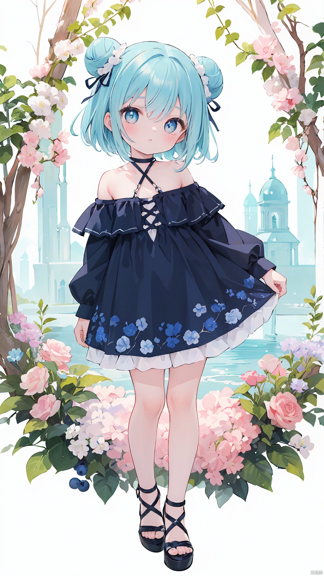 (little loli:1.3), (child:1.2), (Girlish body type), (masterpiece), (best quality), Exquisite visuals, high-definition, (ultra detailed), finely detail, ((solo)),(beautiful detailed eyes), short hair, blue hair, double_bun, asymmetrical bangs, blueberry hair ornament, loveliness, off shoulder, looking at viewer, bare shoulders, standing,((full body)),