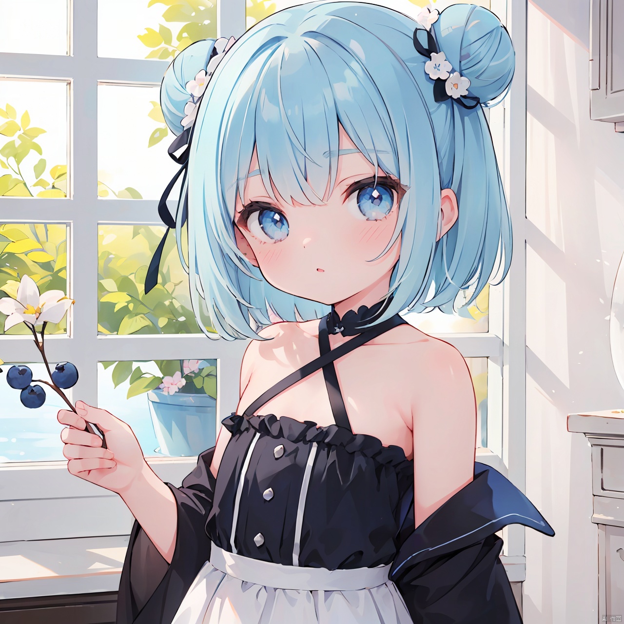 (little loli:1.3), (child:1.2), (Girlish body type), (masterpiece), (best quality), Exquisite visuals, high-definition, (ultra detailed), finely detail, ((solo)),(beautiful detailed eyes), short hair, blue hair, double_bun, asymmetrical bangs, blueberry hair ornament, loveliness, off shoulder, looking at viewer, bare shoulders, standing,