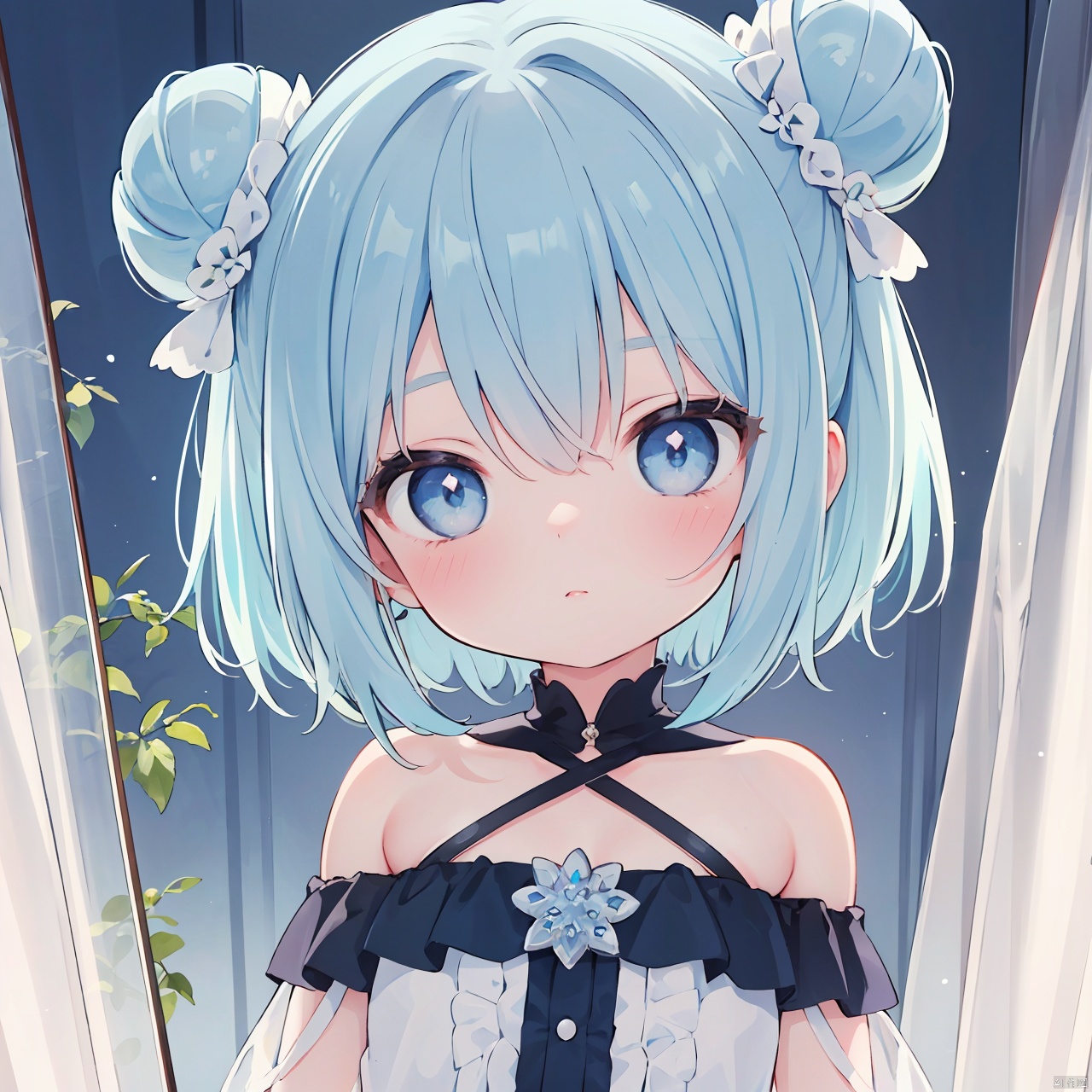 (little loli:1.3), (child:1.2), (Girlish body type), (masterpiece), (best quality), Exquisite visuals, high-definition, (ultra detailed), finely detail, ((solo)),(beautiful detailed eyes), short hair, blue hair, double_bun, asymmetrical bangs, blueberry hair ornament, loveliness, off shoulder, looking at viewer, bare shoulders, standing,