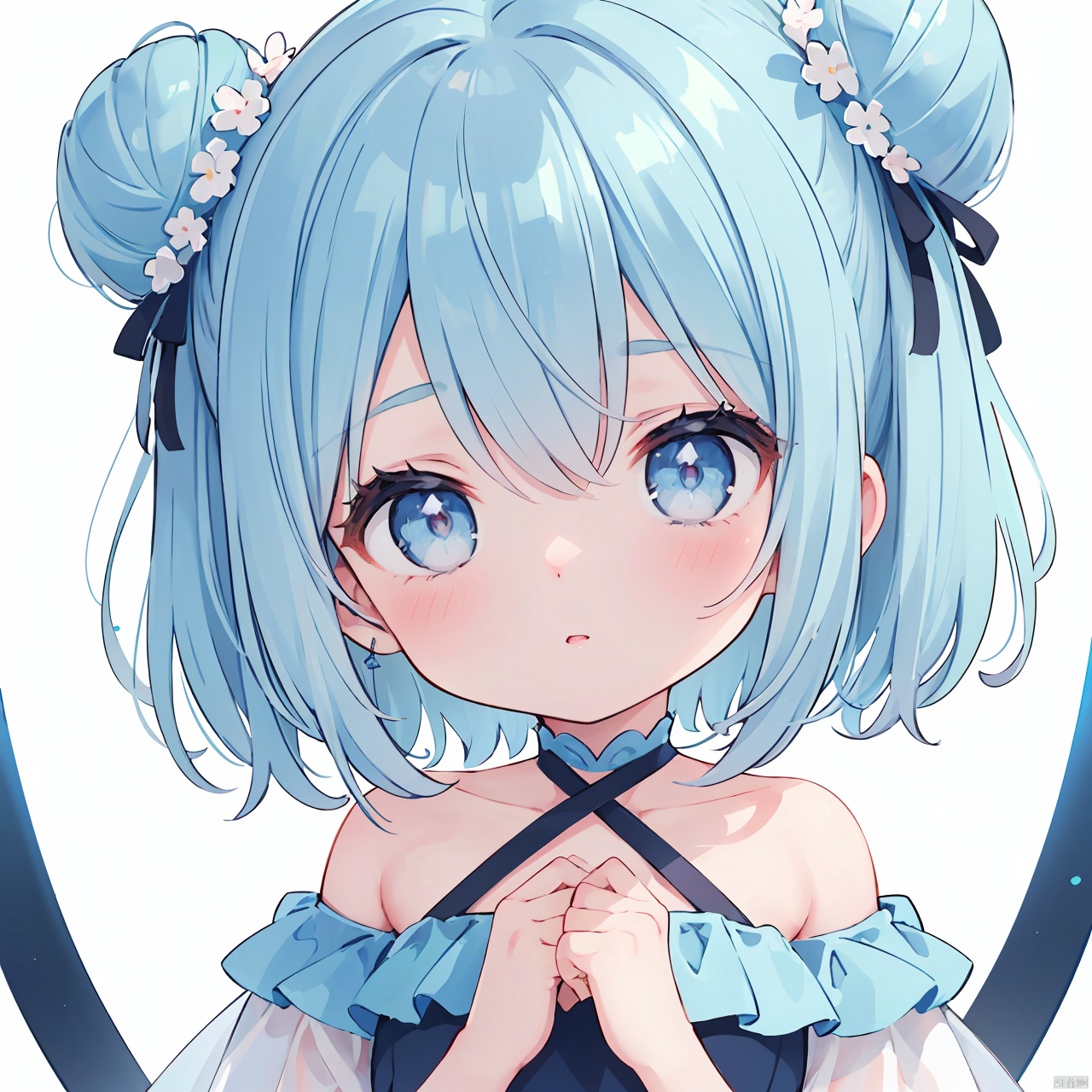 (little loli:1.3), (child:1.2), (Girlish body type), (masterpiece), (best quality), Exquisite visuals, high-definition, (ultra detailed), finely detail, ((solo)),(beautiful detailed eyes), short hair, blue hair, double_bun, asymmetrical bangs, blueberry hair ornament, loveliness, off shoulder, looking at viewer, bare shoulders, standing,