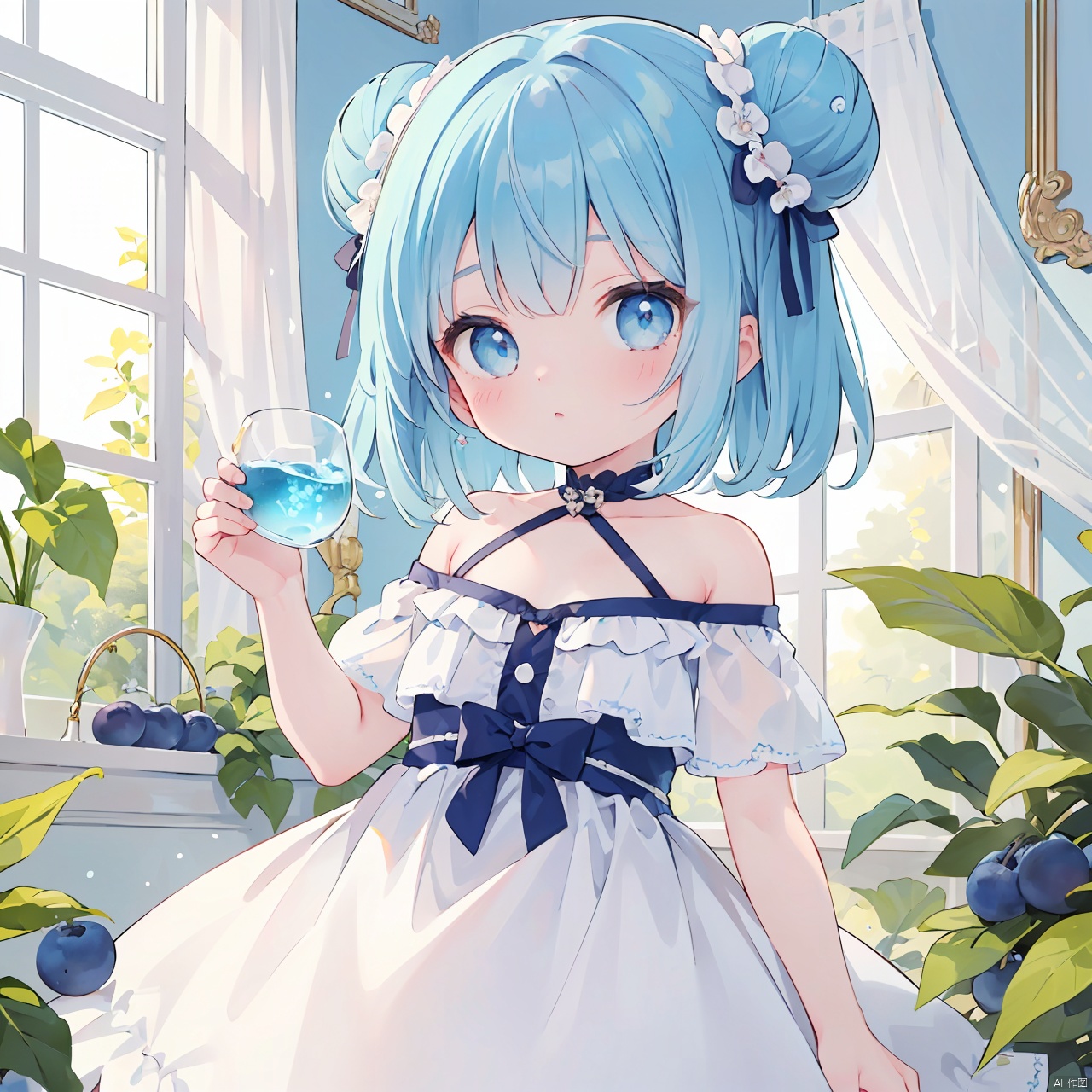 (little loli:1.3), (child:1.2), (Girlish body type), (masterpiece), (best quality), Exquisite visuals, high-definition, (ultra detailed), finely detail, ((solo)),(beautiful detailed eyes), short hair, blue hair, double_bun, asymmetrical bangs, blueberry hair ornament, loveliness, off shoulder, looking at viewer, bare shoulders, standing,