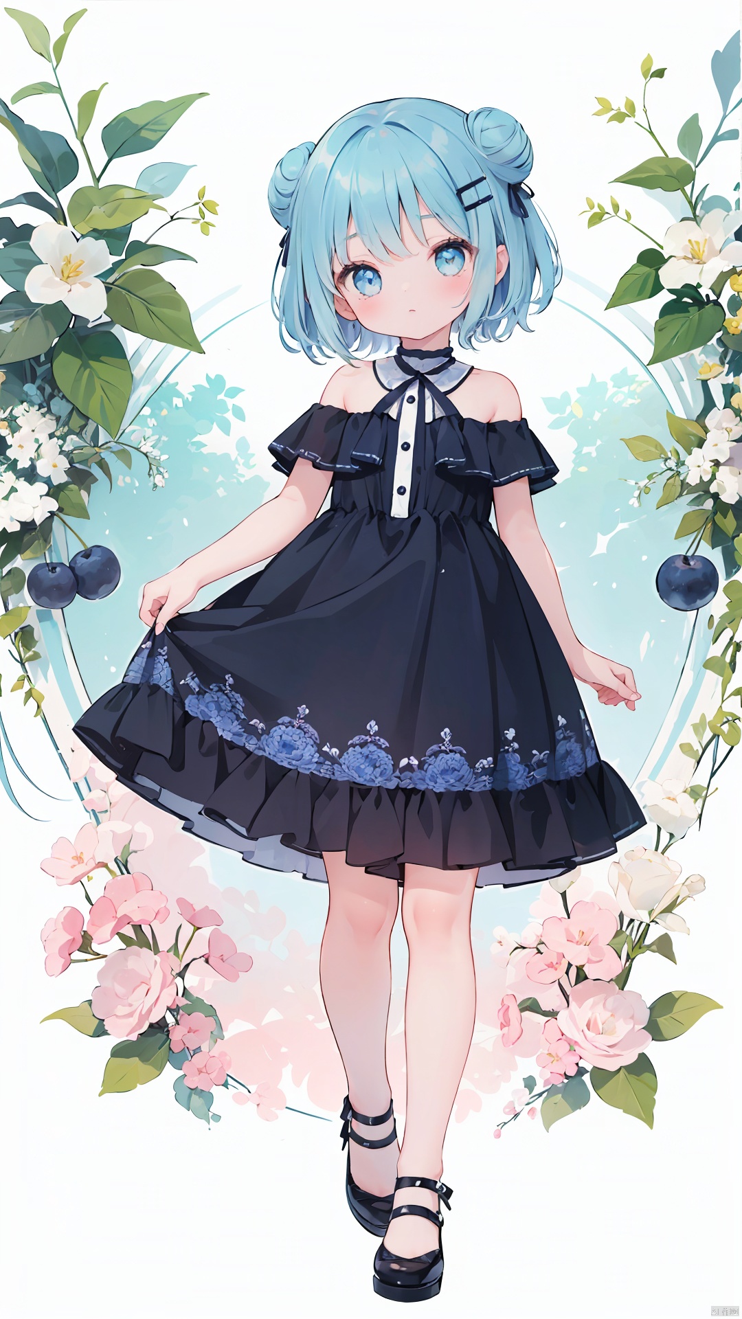 (little loli:1.3), (child:1.2), (Girlish body type), (masterpiece), (best quality), Exquisite visuals, high-definition, (ultra detailed), finely detail, ((solo)),(beautiful detailed eyes), short hair, blue hair, double_bun, asymmetrical bangs, blueberry hair ornament, loveliness, off shoulder, looking at viewer, bare shoulders, standing,((full body)),