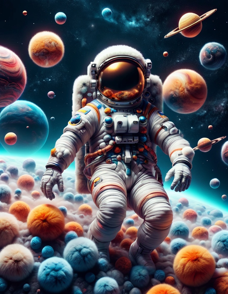 a surreal scene of a astronaut floating in space,  with planets and stars also in ral-beer,  dynamic on Tensor.Art