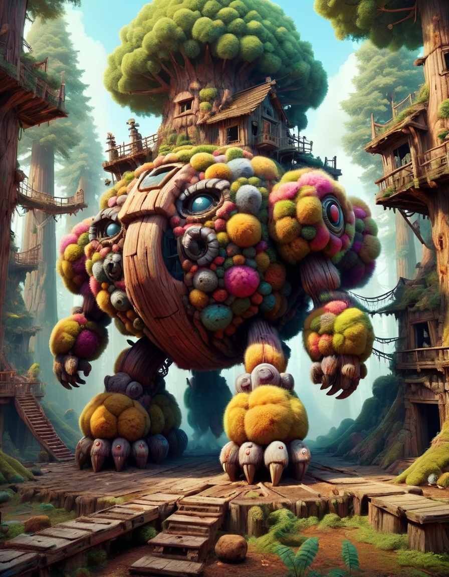 Robotic behemoth stomping through ruins in Treehouse village in ancient redwoods,  ultra-fine digital painting ral-flufblz...