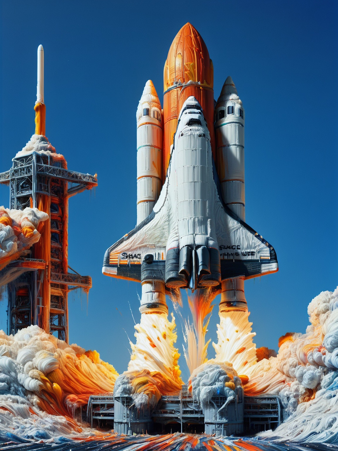 A space shuttle launch scene where the shuttle is covered in ais-acrylicz,  creating a brilliant tableau against the blue...