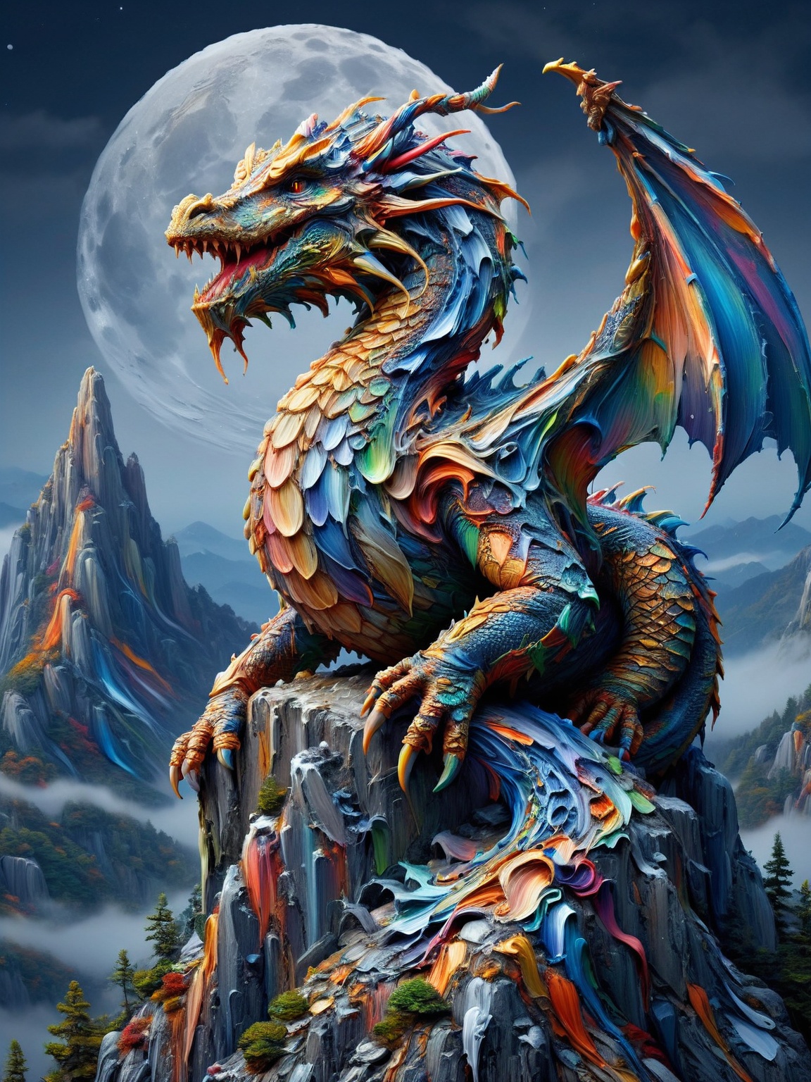 A fantastical dragon with ais-acrylics scales perched atop a craggy mountain peak,  overlooking a mystical kingdom shroude...