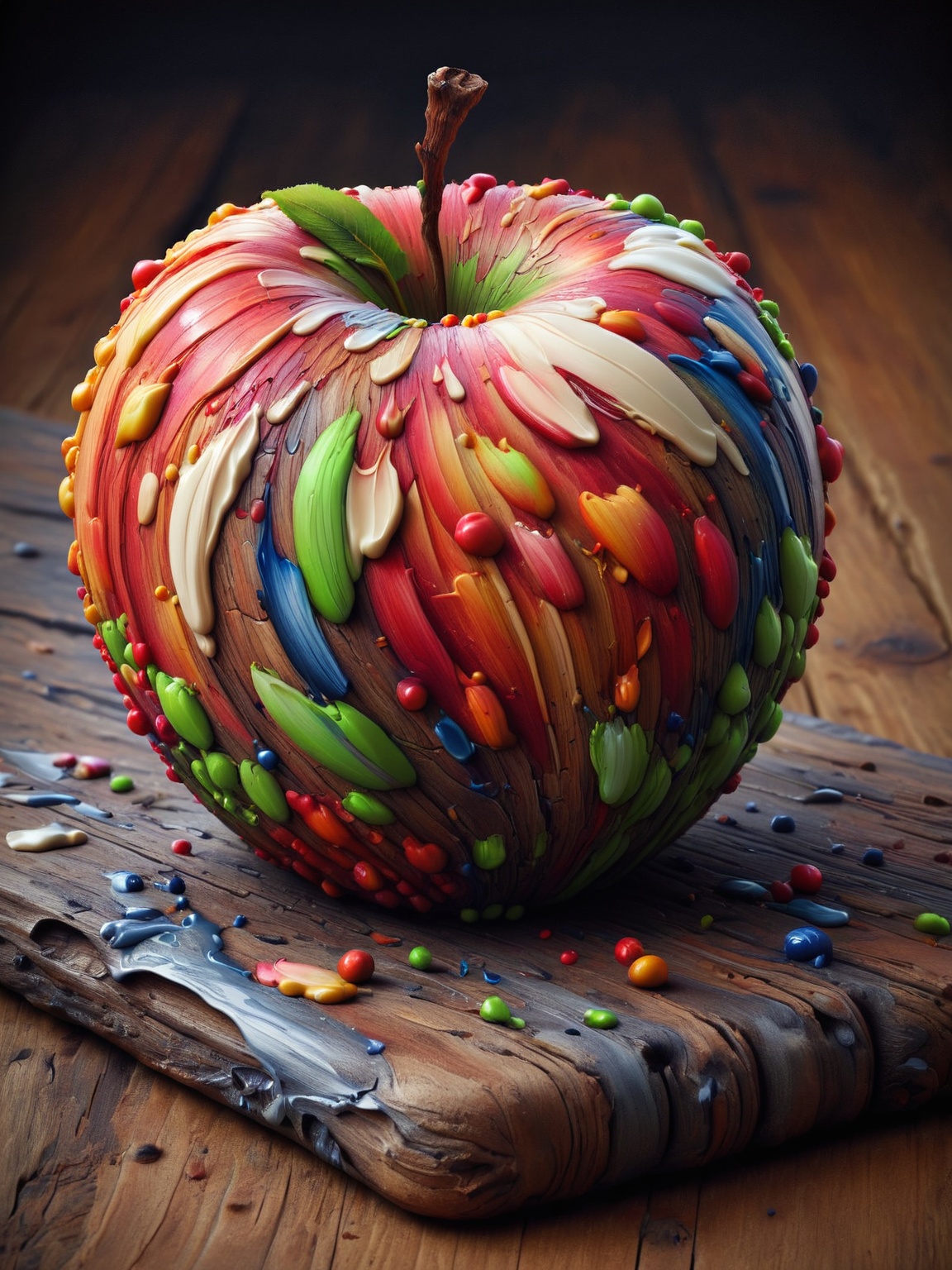 An ais-acrylicz apple,  on an old oak table on Tensor.Art