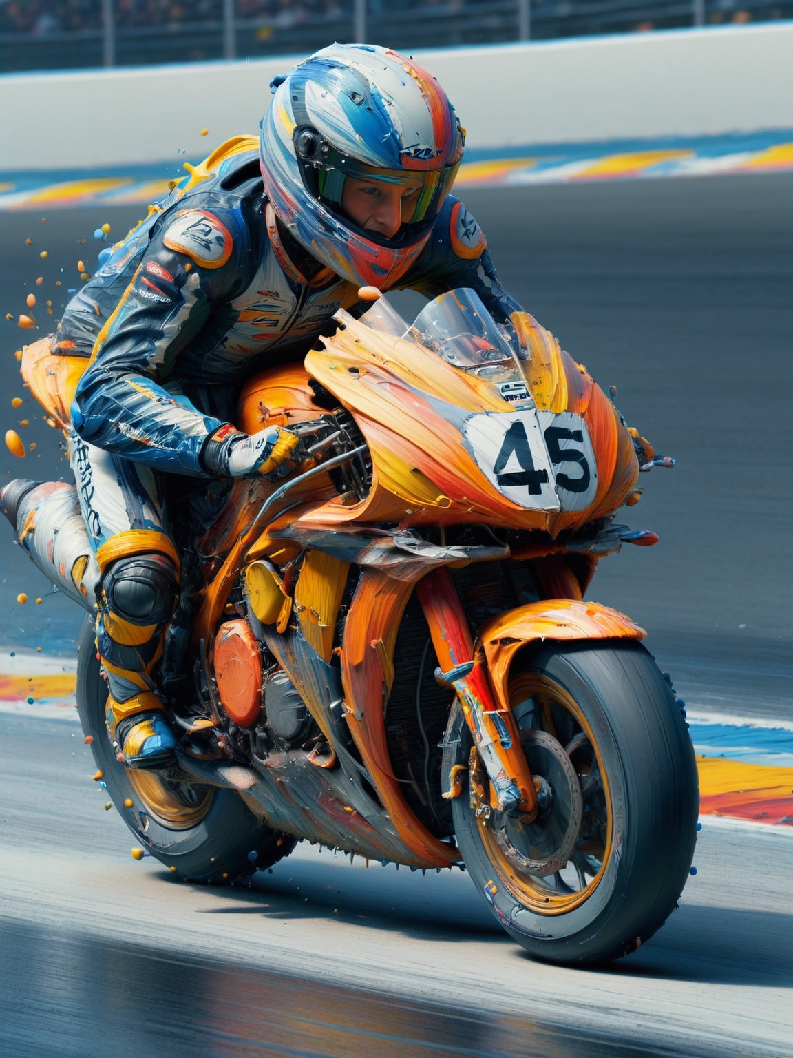 A high-speed motorcycle race,  where an ais-acrylicz bike and racer speed along,  flying ais-acrylicz conveying speed and...