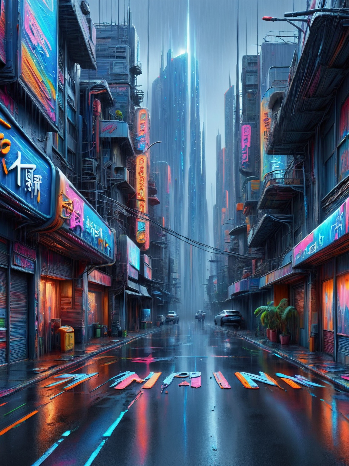 A futuristic cyberpunk cityscape,  neon signs and holograms dripping with ais-acrylicz over rain-slick streets on Tensor.Art