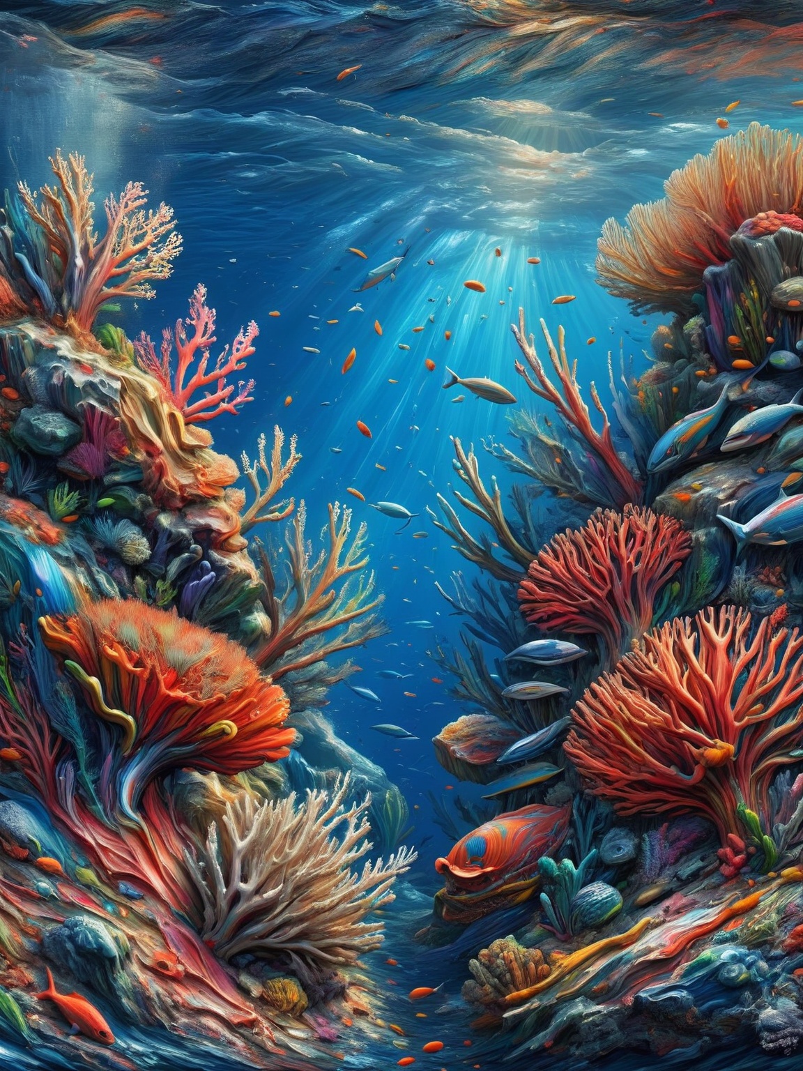 A coral reef teeming with marine life,  all rendered in brilliant ais-acrylicz,  the colors melting into the water around...