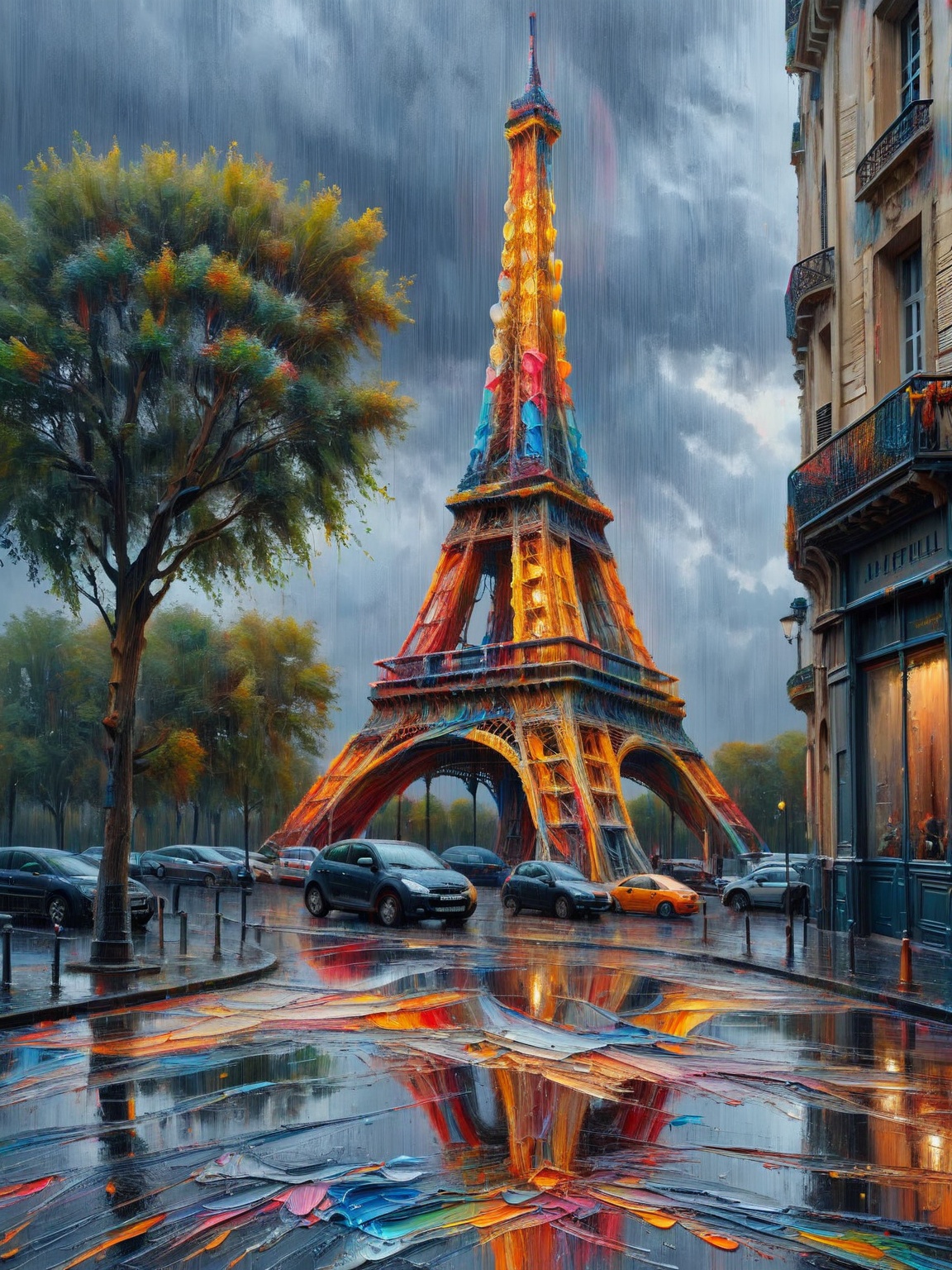 The Eiffel Tower covered with ais-acrylicz,  as seen on a rainy evening on Tensor.Art