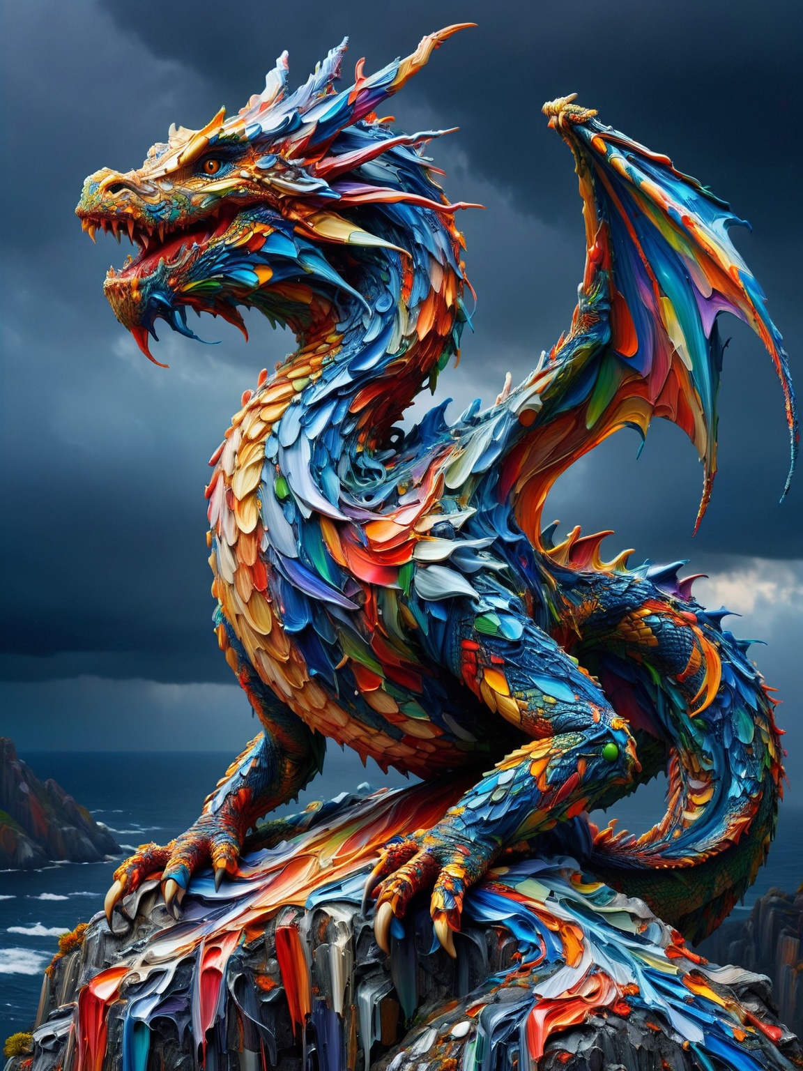A fierce dragon perched on a cliff,  scales a vivid mosaic of ais-acrylicz against a stormy sky backdrop on Tensor.Art