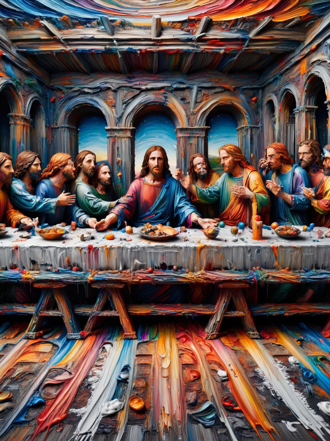 A reinterpretation of 'The Last Supper' with all figures and elements covered in ais-acrylicz treatment,  creating a moder...