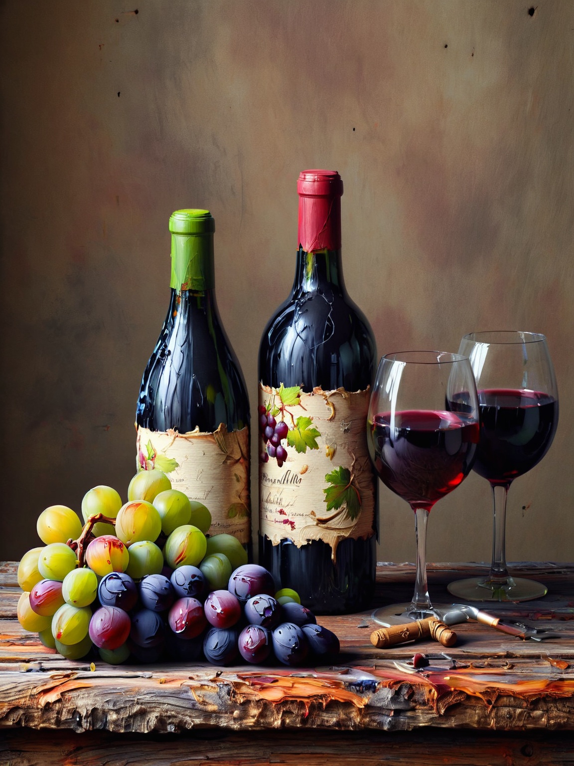 A still life arrangement with an ais-acrylicz wine bottle,  glasses,  and grapes on a rustic wooden table on Tensor.Art