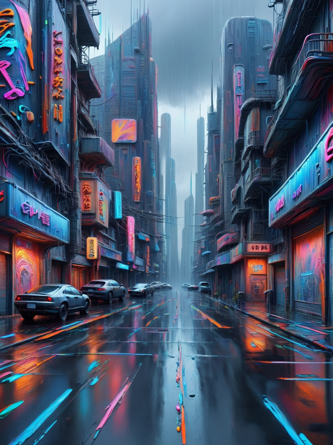 A futuristic cyberpunk cityscape,  neon signs and holograms dripping with ais-acrylicz,  over rain-slick streets on Tensor...