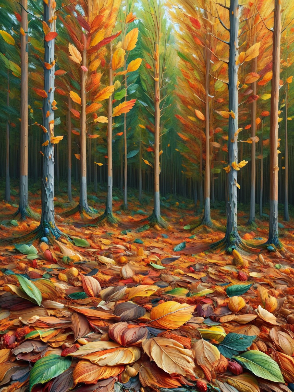 A forest of autumn leaves,  each leaf a different shade and aconvered by ais-acrylicz,  as if the forest were a painter’s...