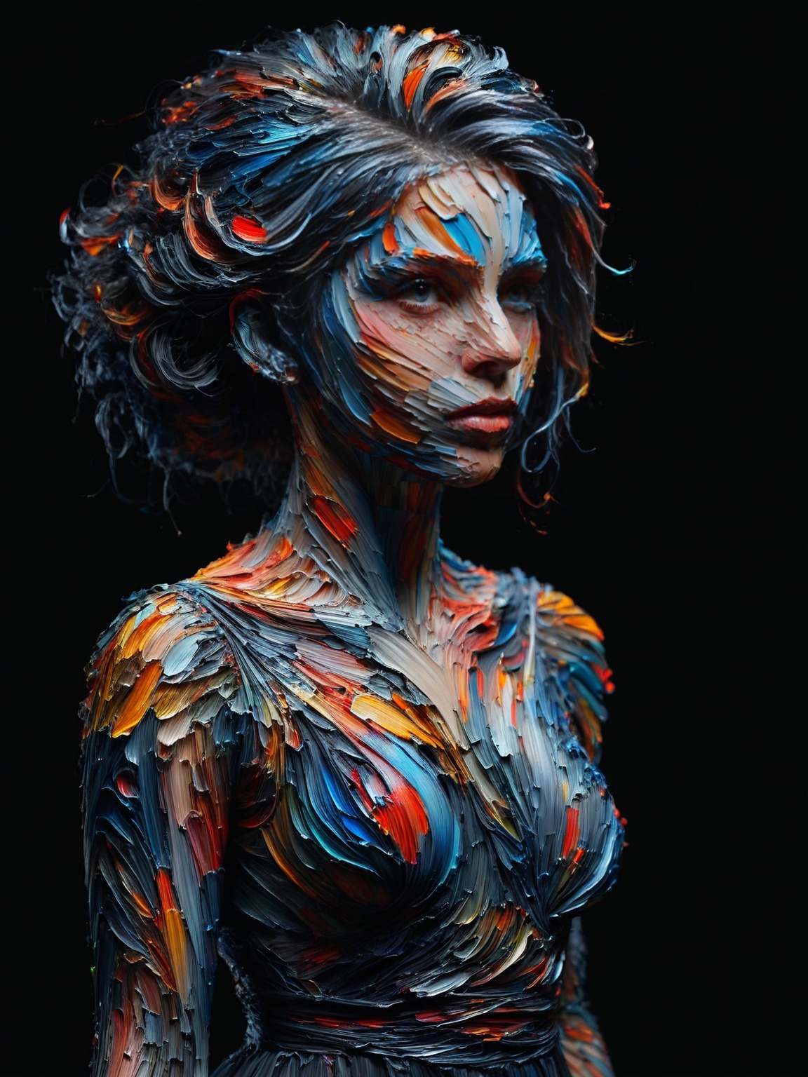 A portrait of a woman whose dress and hair are covered with ais-acrylicz,  set against a stark black background on Tensor.Art