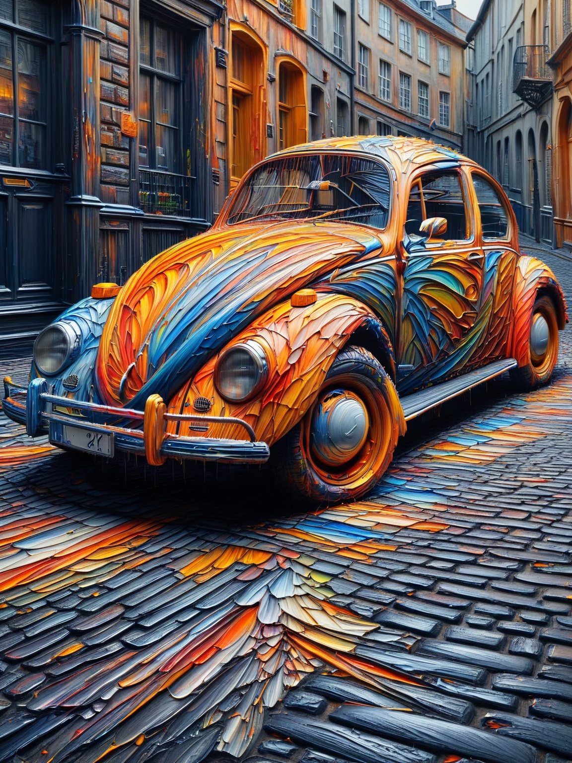 A classic VW Beetle car covered in ais-acrylicz,  parked on a cobblestone street on Tensor.Art