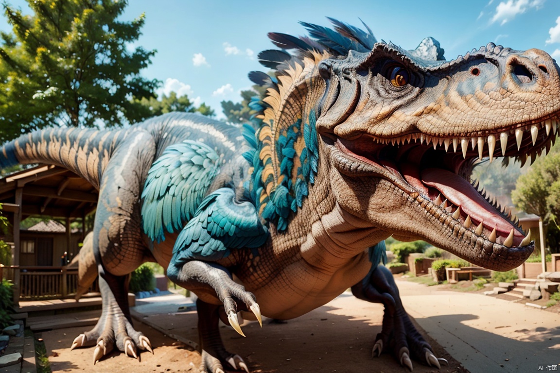  , Dinosaurs,dinosaur, beautiful feathers, scary teeth, ((Best quality)), ((Best quality)),((Best quality)),((realistic)),((exterior view)),photo realistic, Dinosaurs
