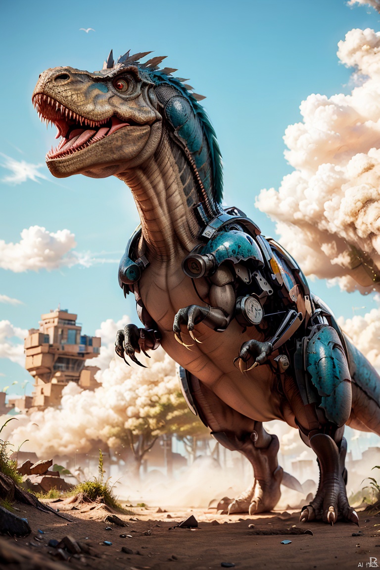  FF,Dinosaurs,T rex\(Jurassic,huge metal body,machine_rob,power_armor,science fiction,eyes of vertical line pupils,(The body and tail constructed from metal mechanical parts):1.3,sides,strong tail strike ground,attack state,sharp claws,Male Focus,looking at viewer,(flying dust):1.4,outdoor,
