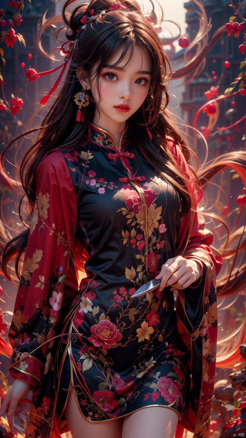  1 girl, solo, female focus, (Chinese dress) and red lips, bangs, earrings, kimono, Chinese cardigan, printed cloth, tassel, hand-held samurai knife.(Chinese dragon)
 (Masterpiece), (Very Detailed CGUnity 8K Wallpaper), Best Quality, High Resolution Illustrations, Stunning, Highlights, (Best Lighting, Best Shadows, A Very Delicate And Beautiful), (Enhanced) ·, long, (\long yun heng tong\)