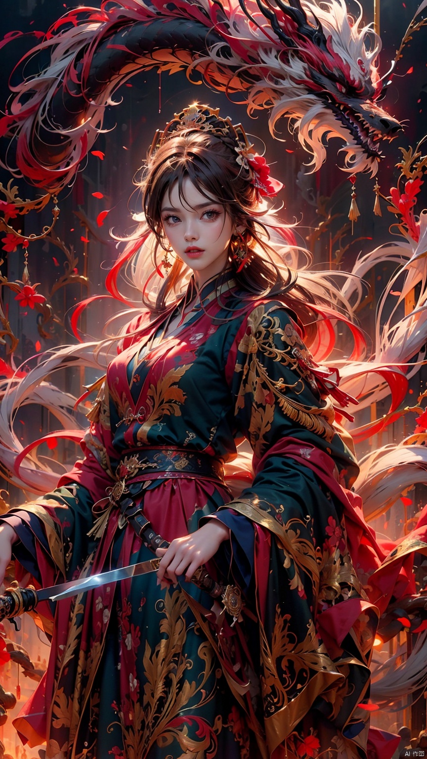  1 girl, solo, female focus, (Chinese dress) and red lips, bangs, earrings, kimono, Chinese cardigan, printed cloth, tassel, hand-held samurai knife.(Chinese dragon)
 (Masterpiece), (Very Detailed CGUnity 8K Wallpaper), Best Quality, High Resolution Illustrations, Stunning, Highlights, (Best Lighting, Best Shadows, A Very Delicate And Beautiful), (Enhanced) ·, long
