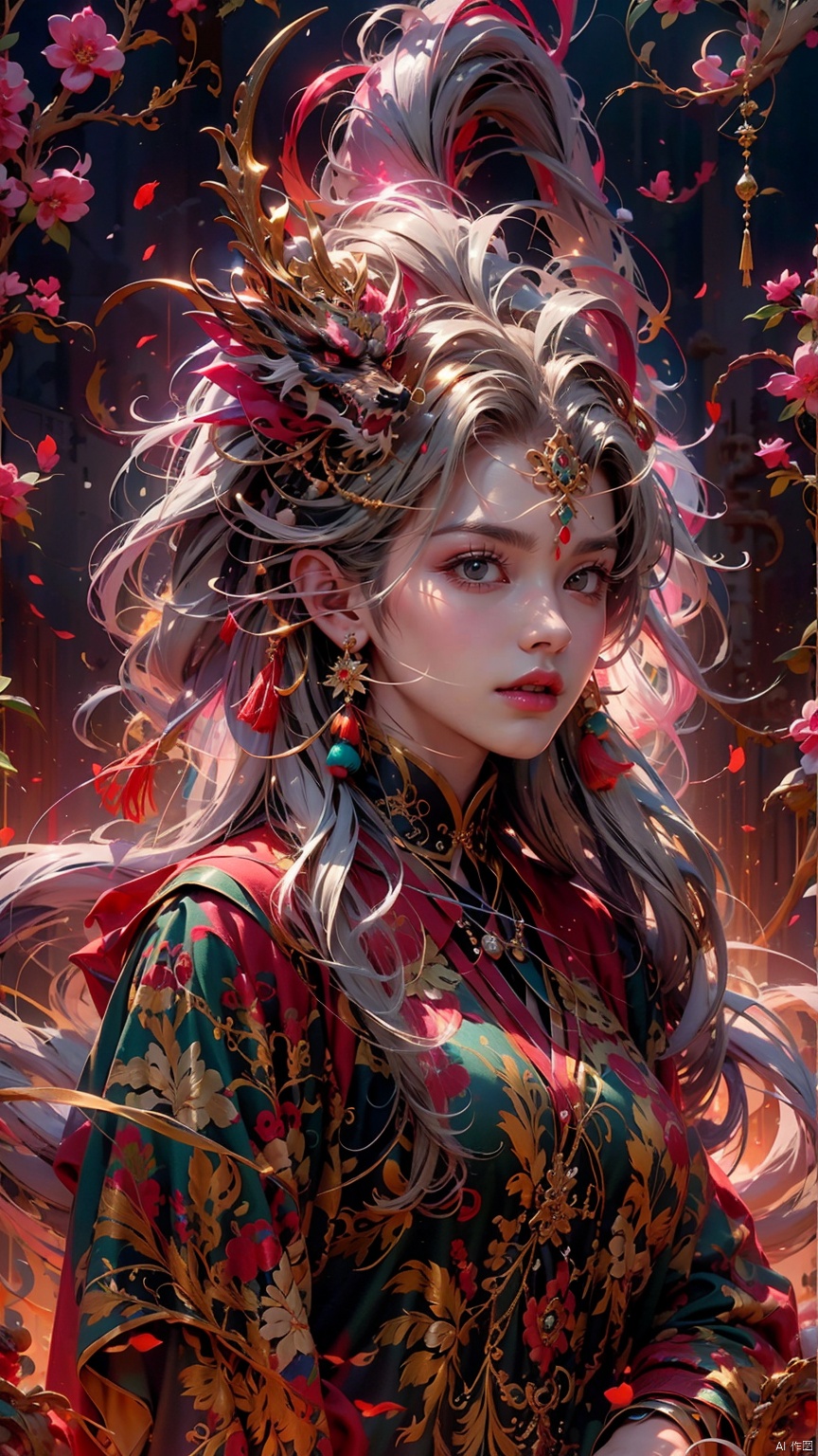  1 girl, solo, female focus, (Chinese dress) and red lips, bangs, earrings, kimono, Chinese cardigan, printed cloth, tassel, hand-held samurai knife.(Chinese dragon)
 (Masterpiece), (Very Detailed CGUnity 8K Wallpaper), Best Quality, High Resolution Illustrations, Stunning, Highlights, (Best Lighting, Best Shadows, A Very Delicate And Beautiful), (Enhanced) ·, long