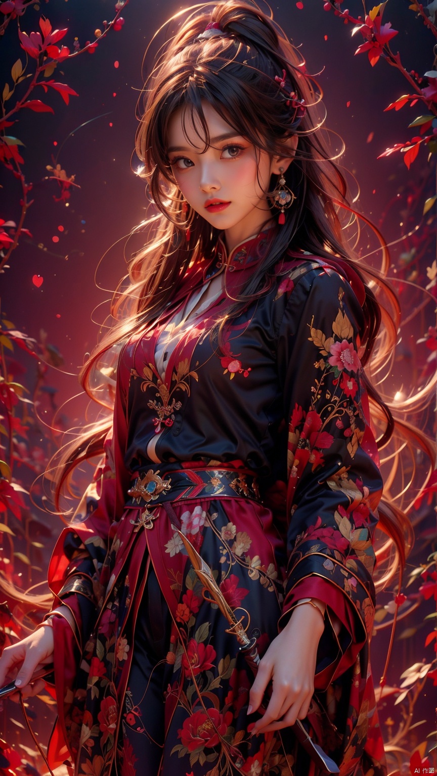  1 girl, solo, female focus, (Chinese dress) and red lips, bangs, earrings, kimono, Chinese cardigan, printed cloth, tassel, hand-held samurai knife.(Chinese dragon)
 (Masterpiece), (Very Detailed CGUnity 8K Wallpaper), Best Quality, High Resolution Illustrations, Stunning, Highlights, (Best Lighting, Best Shadows, A Very Delicate And Beautiful), (Enhanced) ·, long, (\long yun heng tong\)