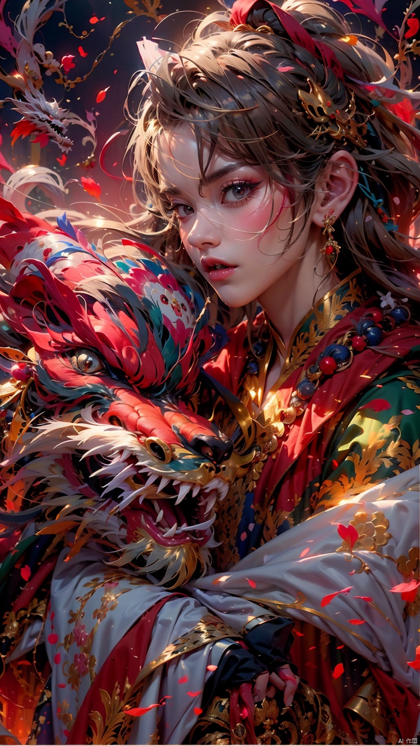  1 girl, solo, female focus, (Chinese dress) and red lips, bangs, earrings, kimono, Chinese cardigan, printed cloth, tassel, hand-held samurai knife.(Chinese dragon)
 (Masterpiece), (Very Detailed CGUnity 8K Wallpaper), Best Quality, High Resolution Illustrations, Stunning, Highlights, (Best Lighting, Best Shadows, A Very Delicate And Beautiful), (Enhanced) ·, long