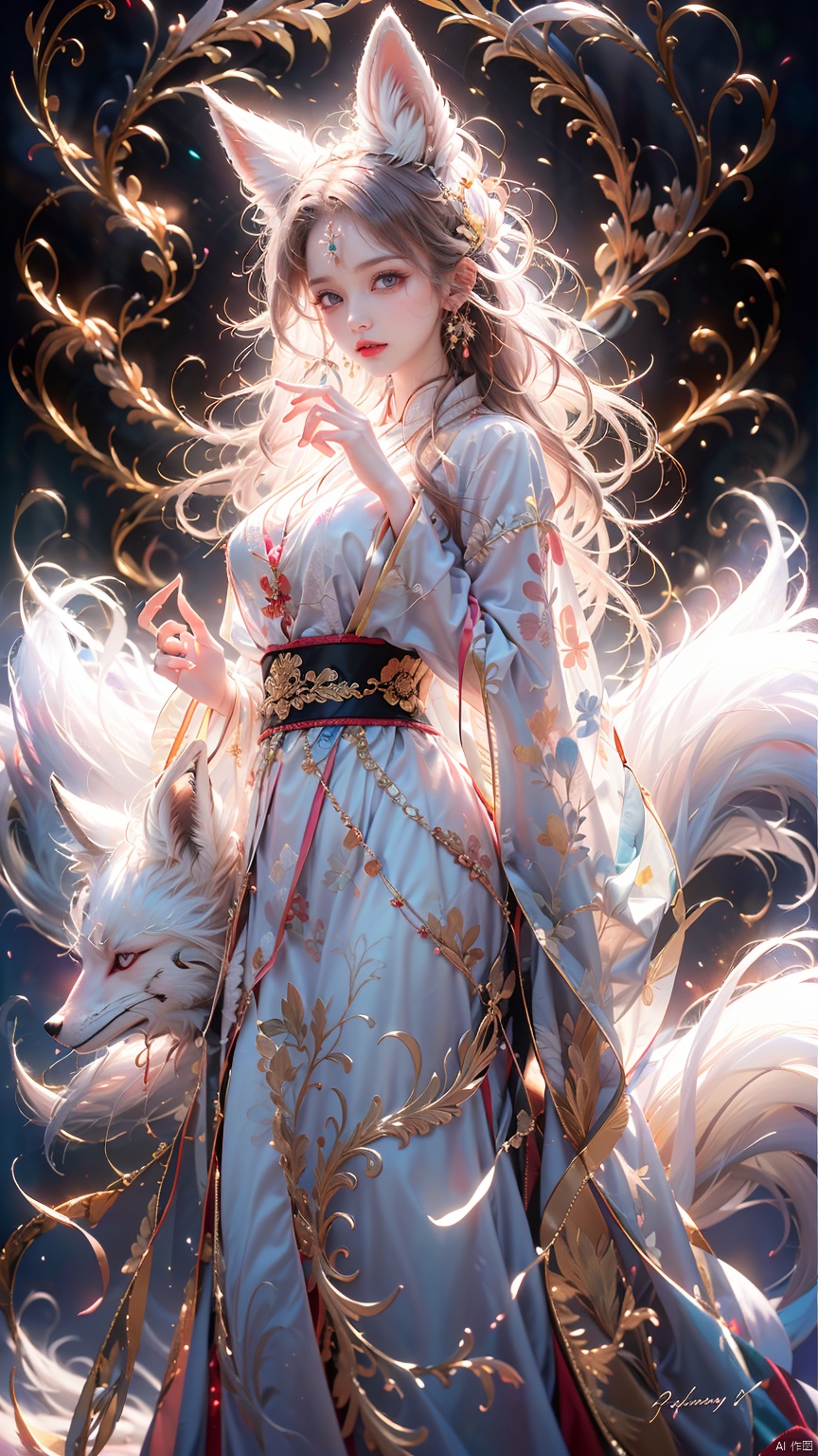  1 girl, solo, female focus, (Chinese dress）and red lips, bangs, earrings, kimono, Chinese cardigan, printed cloth, tassel, hand-held samurai knife.(Chinese dragon),(Huge Fox Pet),（White fox）,
 (Masterpiece), (Very Detailed CGUnity 8K Wallpaper), Best Quality, High Resolution Illustrations, Stunning, Highlights, (Best Lighting, Best Shadows, A Very Delicate And Beautiful), (Enhanced) ·, long, machinery, Daofa Rune, shufa background, Spirit Fox Pendant
