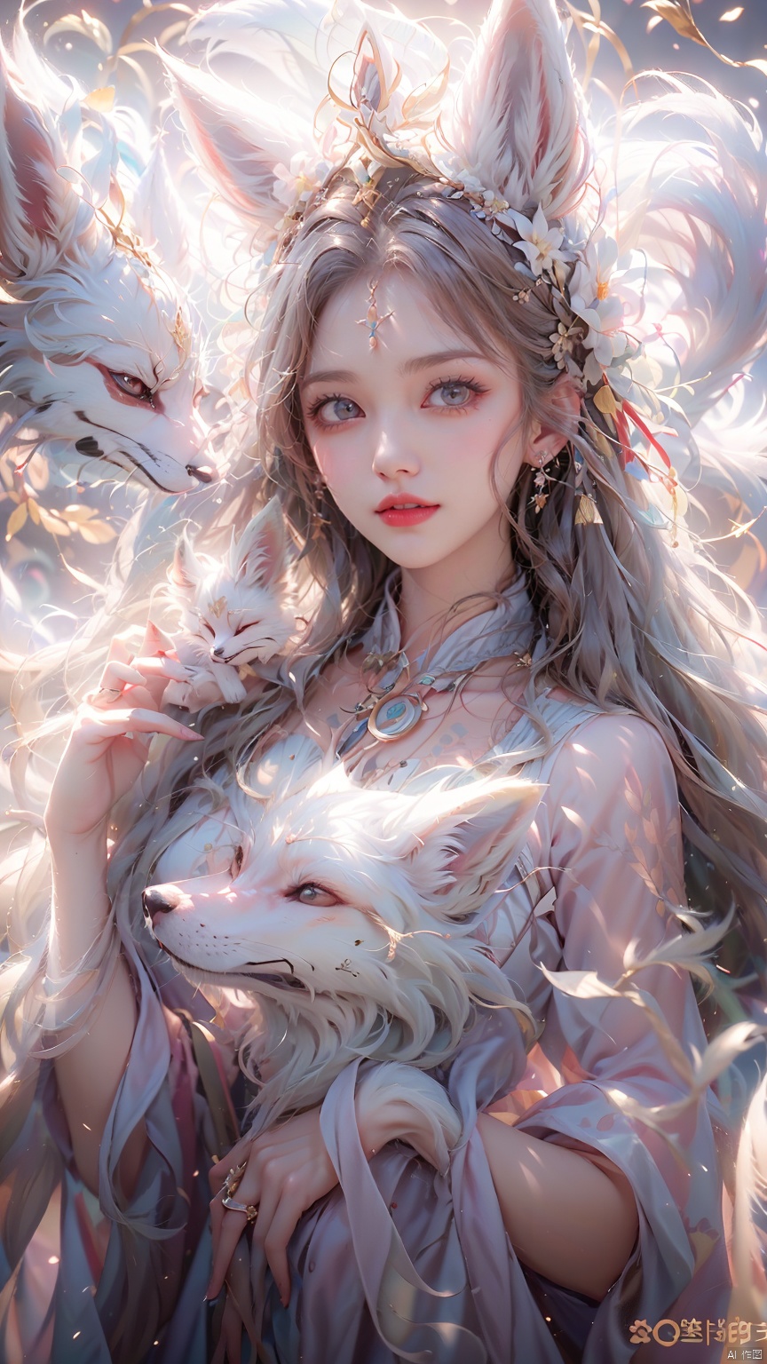  1 girl, solo, female focus, (Chinese dress）and red lips, bangs, earrings, kimono, Chinese cardigan, printed cloth, tassel, hand-held samurai knife.(Chinese dragon),(Huge Fox Pet),（White fox）,
 (Masterpiece), (Very Detailed CGUnity 8K Wallpaper), Best Quality, High Resolution Illustrations, Stunning, Highlights, (Best Lighting, Best Shadows, A Very Delicate And Beautiful), (Enhanced) ·, long, machinery, Daofa Rune, shufa background, Spirit Fox Pendant