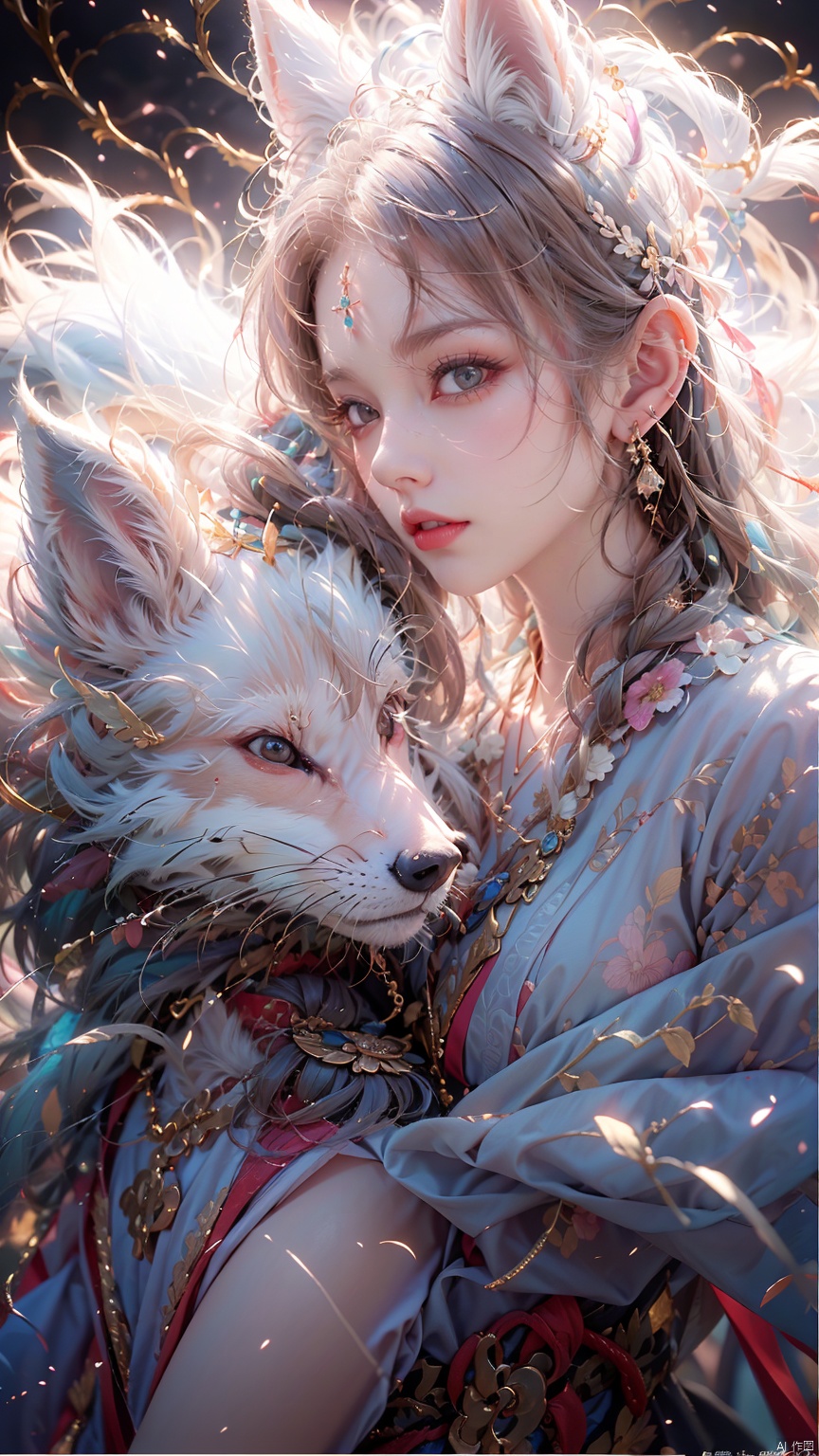  1 girl, solo, female focus, (Chinese dress）and red lips, bangs, earrings, kimono, Chinese cardigan, printed cloth, tassel, hand-held samurai knife.(Chinese dragon),(Huge Fox Pet),（White fox）,
 (Masterpiece), (Very Detailed CGUnity 8K Wallpaper), Best Quality, High Resolution Illustrations, Stunning, Highlights, (Best Lighting, Best Shadows, A Very Delicate And Beautiful), (Enhanced) ·, long, machinery, Daofa Rune, shufa background, Spirit Fox Pendant