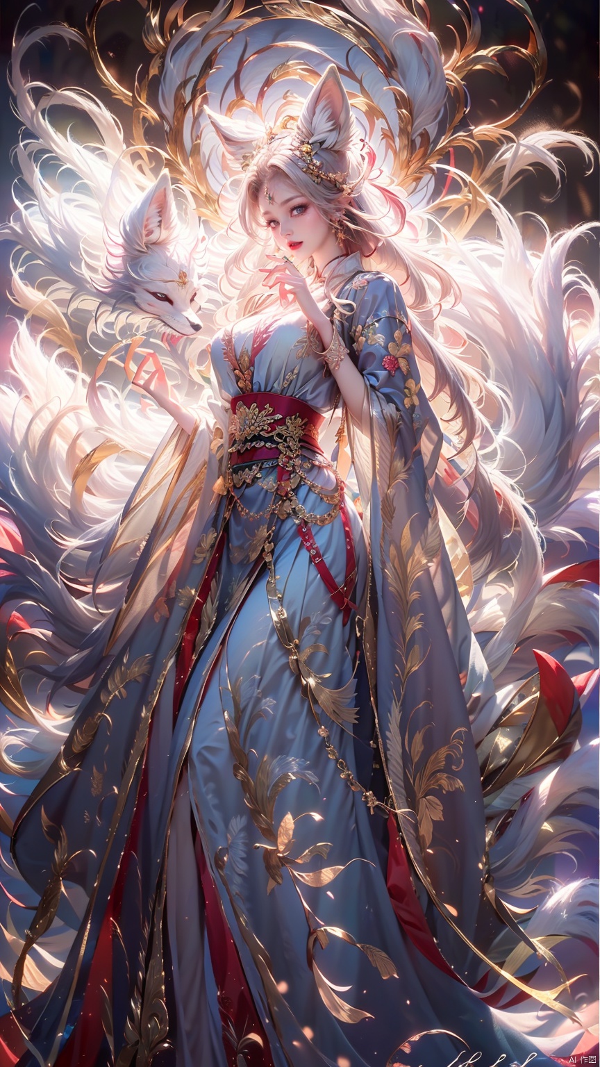  1 girl, solo, female focus, (Chinese dress）and red lips, bangs, earrings, kimono, Chinese cardigan, printed cloth, tassel, hand-held samurai knife.(Chinese dragon),(Huge Fox Pet),（White fox）,
 (Masterpiece), (Very Detailed CGUnity 8K Wallpaper), Best Quality, High Resolution Illustrations, Stunning, Highlights, (Best Lighting, Best Shadows, A Very Delicate And Beautiful), (Enhanced) ·, long, machinery, Daofa Rune, shufa background, Spirit Fox Pendant, sanguosha