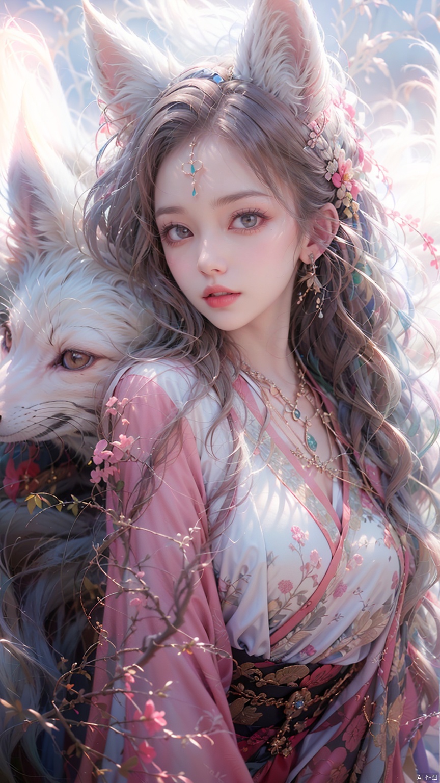 1 girl, solo, female focus, (Chinese dress）and red lips, bangs, earrings, kimono, Chinese cardigan, printed cloth, tassel, hand-held samurai knife.(Chinese dragon),(Huge Fox Pet),（White fox）,
 (Masterpiece), (Very Detailed CGUnity 8K Wallpaper), Best Quality, High Resolution Illustrations, Stunning, Highlights, (Best Lighting, Best Shadows, A Very Delicate And Beautiful), (Enhanced) ·, long, machinery, Daofa Rune, shufa background, Spirit Fox Pendant