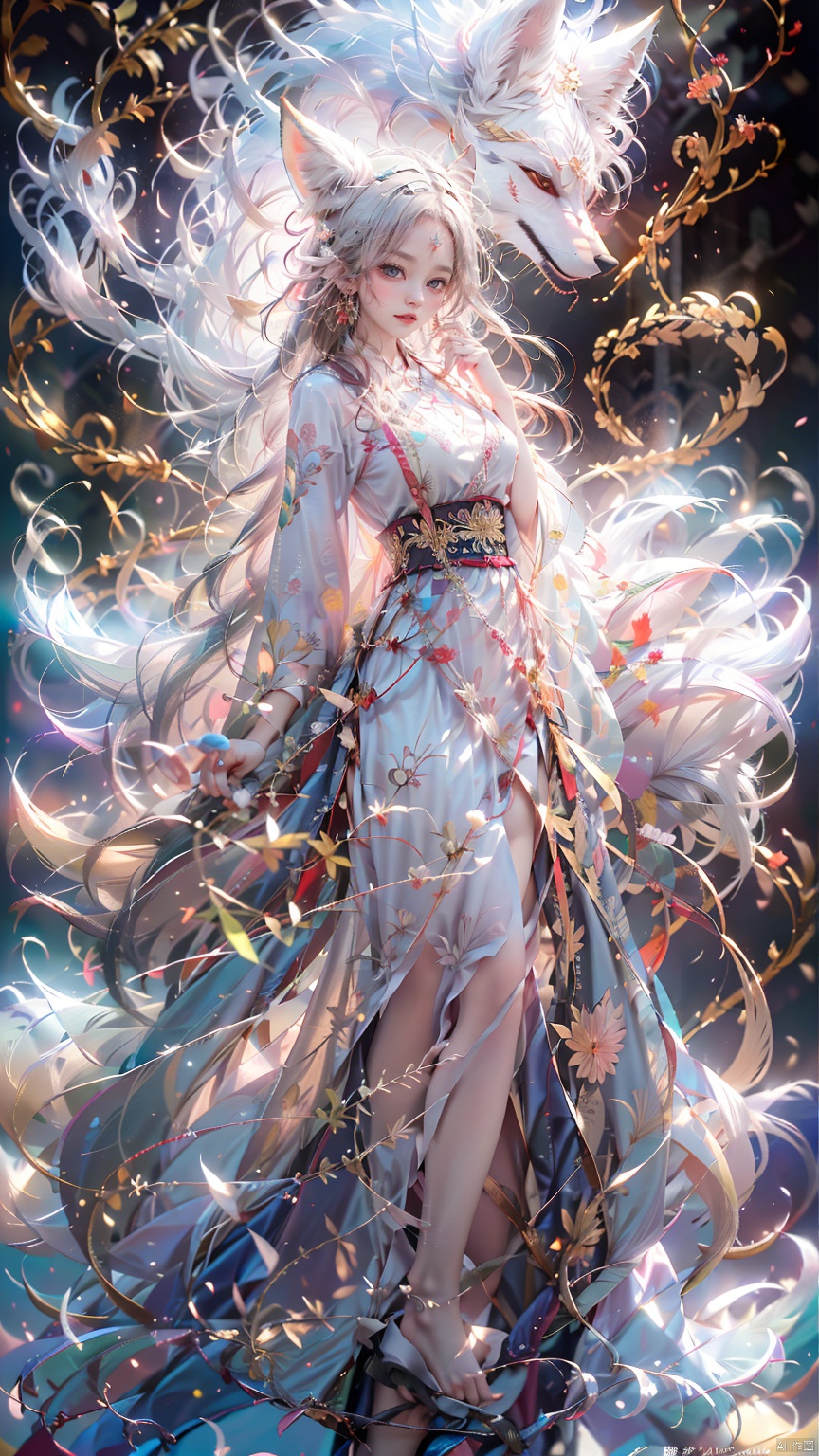  1 girl, solo, female focus, (Chinese dress）and red lips, bangs, earrings, kimono, Chinese cardigan, printed cloth, tassel, hand-held samurai knife.(Chinese dragon),(Huge Fox Pet),（White fox）,
 (Masterpiece), (Very Detailed CGUnity 8K Wallpaper), Best Quality, High Resolution Illustrations, Stunning, Highlights, (Best Lighting, Best Shadows, A Very Delicate And Beautiful), (Enhanced) ·, long, machinery, Daofa Rune, shufa background, Spirit Fox Pendant, sanguosha, black pantyhose