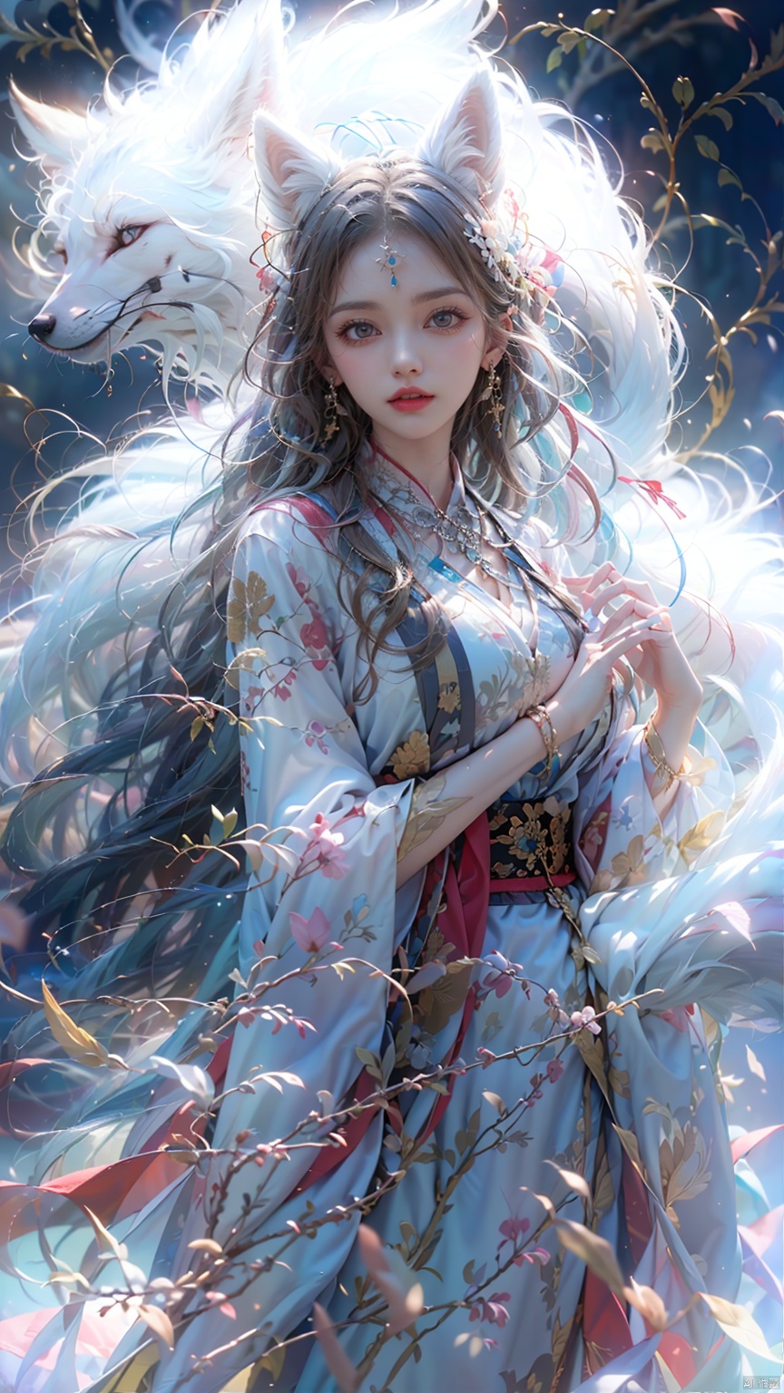  1 girl, solo, female focus, (Chinese dress）and red lips, bangs, earrings, kimono, Chinese cardigan, printed cloth, tassel, hand-held samurai knife.(Chinese dragon),(Huge Fox Pet),（White fox）,
 (Masterpiece), (Very Detailed CGUnity 8K Wallpaper), Best Quality, High Resolution Illustrations, Stunning, Highlights, (Best Lighting, Best Shadows, A Very Delicate And Beautiful), (Enhanced) ·, long, machinery, Daofa Rune, shufa background, Spirit Fox Pendant