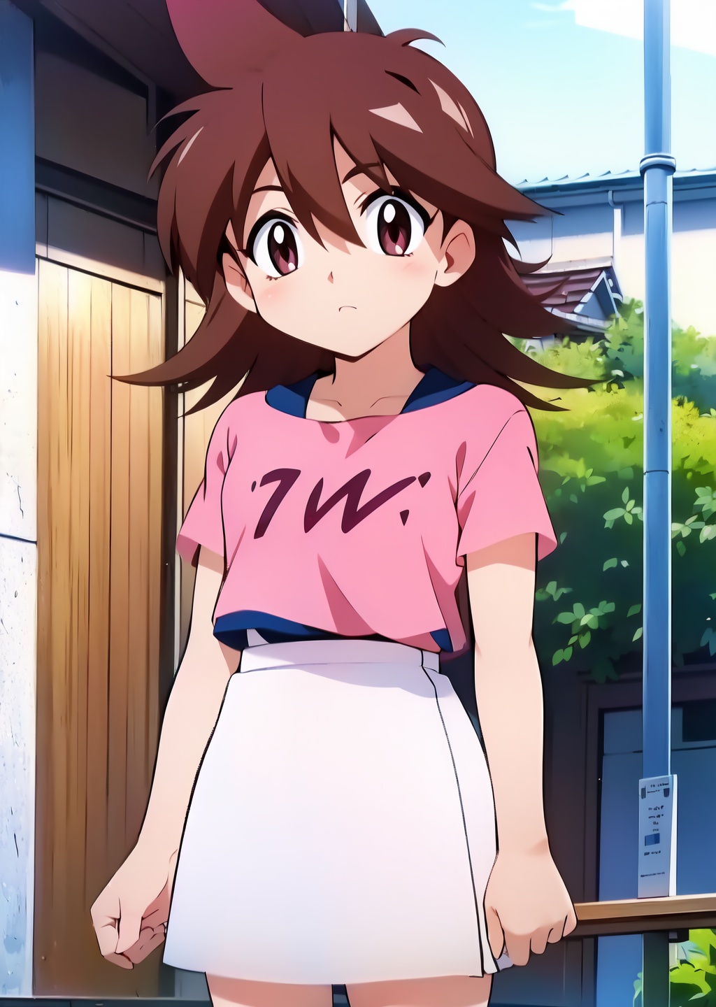 Hilary Tachibana,  pink shirt,  white skirt on Tensor.Art