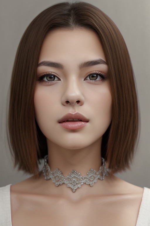 1girl solo brown hair closed mouth grey background collar lips realistic ,  beauty,  yui on Tensor.Art