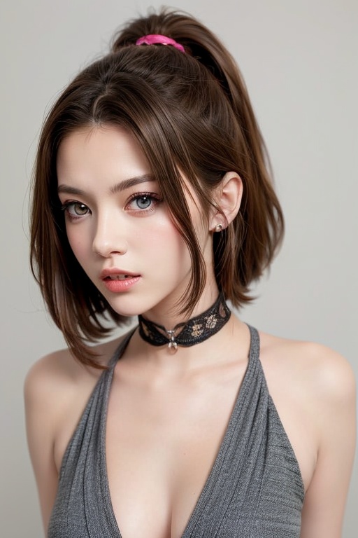 1girl solo brown hair closed mouth grey background collar lips realistic ,  beauty,  yui on Tensor.Art