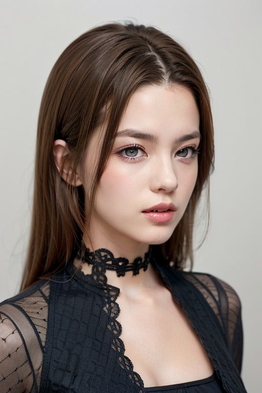 1girl solo brown hair closed mouth grey background collar lips realistic ,  beauty,  yui on Tensor.Art