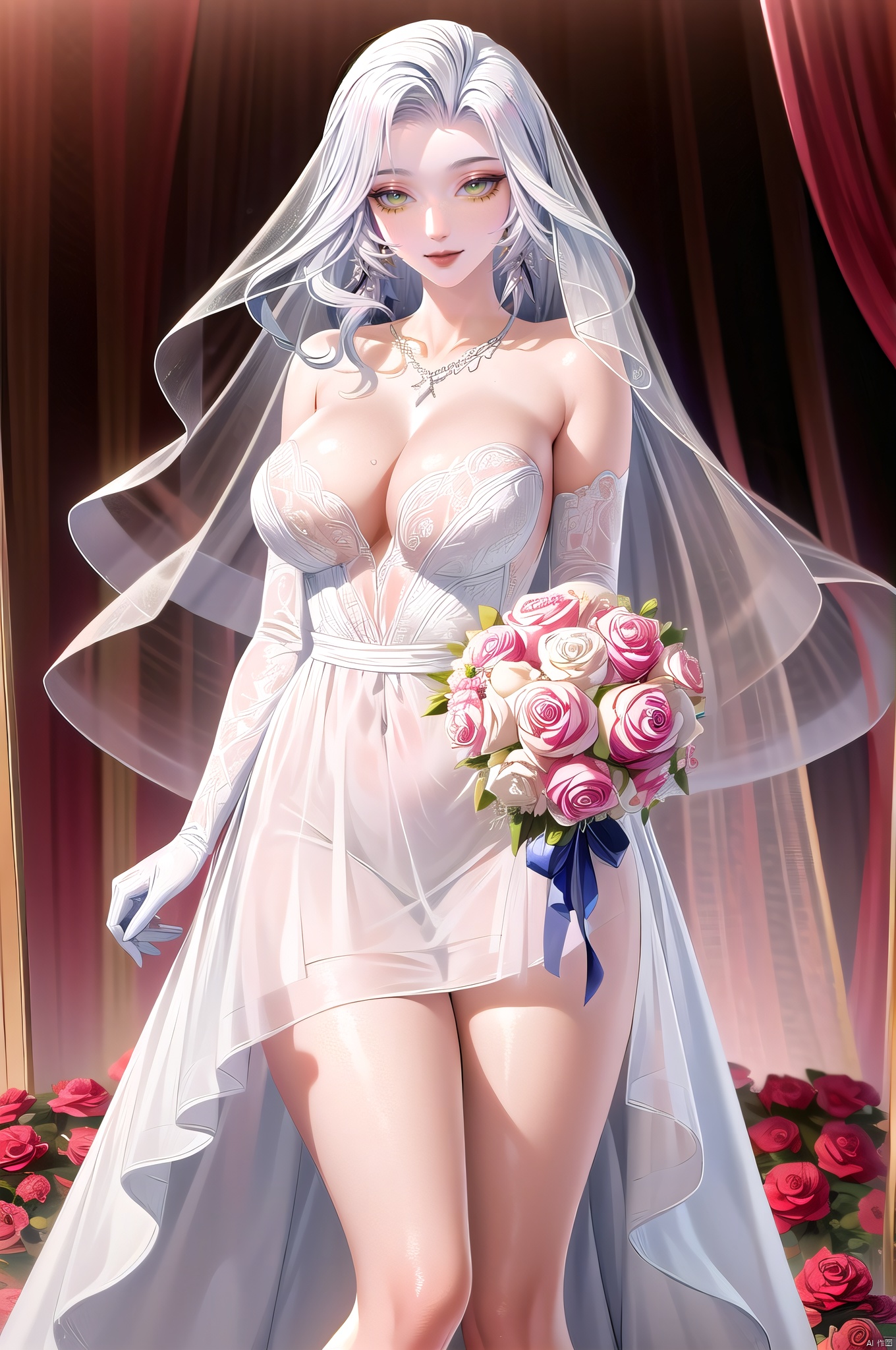 Xuenv, jewelry, long hair, earrings, white hair, solo, looking at viewer, green eyes, yellow eyes, collarbone, 1girl, smile, cowboy_shot,nice hands, dress, wedding dress, solo, long hair, rose, large breasts, cleavage, necklace, jewelry, blue flower, purple flower, blue rose, feathers, veil, purple rose, gloves, collarbone, bare shoulders, white dress, holding, elbow gloves, strapless, strapless dress, bridal veil, holding bouquet, pink rose, petals, bride, bird, flower field