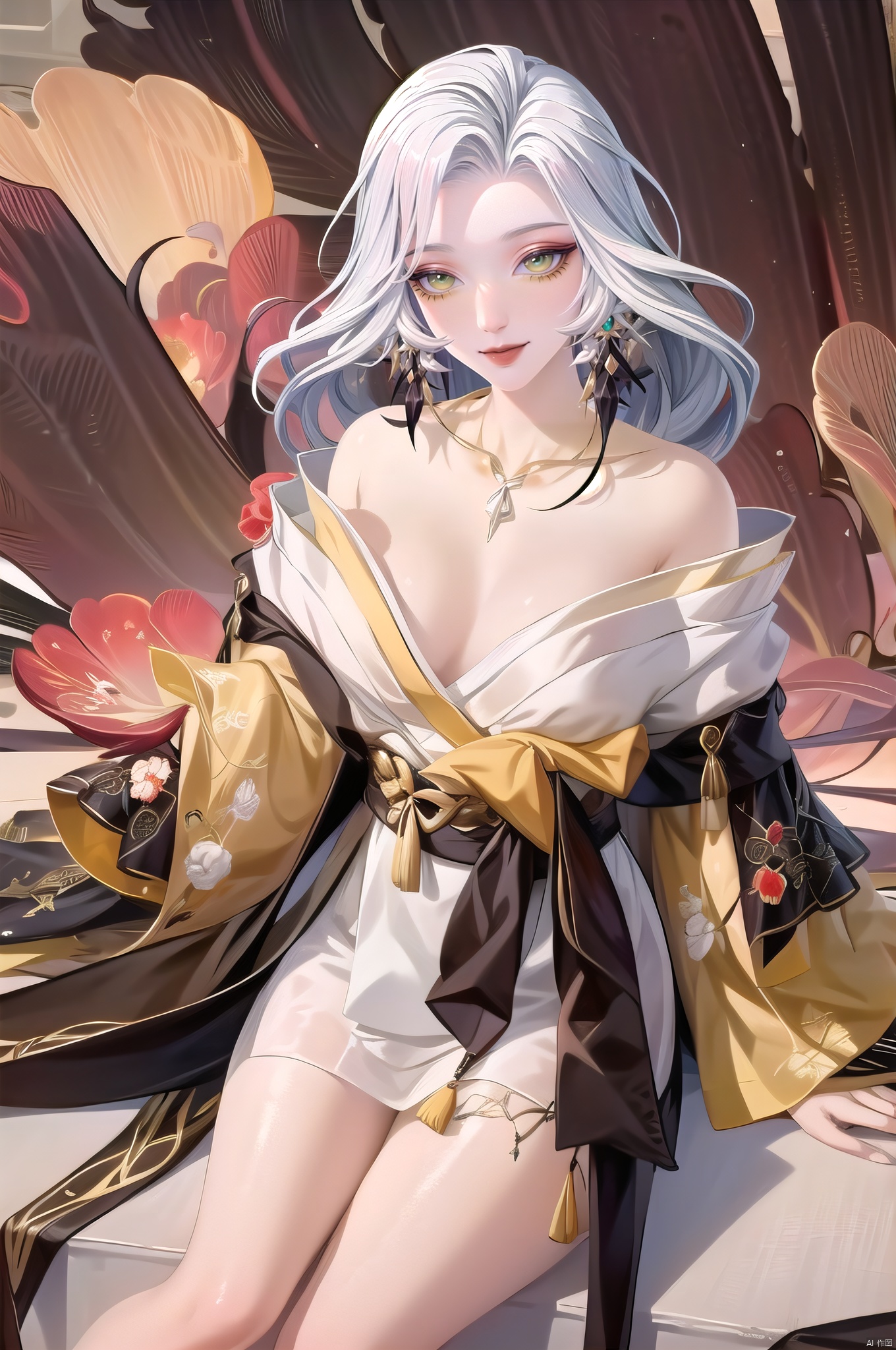 Xuenv, jewelry, long hair, earrings, white hair, solo, looking at viewer, green eyes, yellow eyes, collarbone, 1girl, smile, cowboy_shot,japanese clothes, wide sleeves,nice hands, (sitting:1.5),