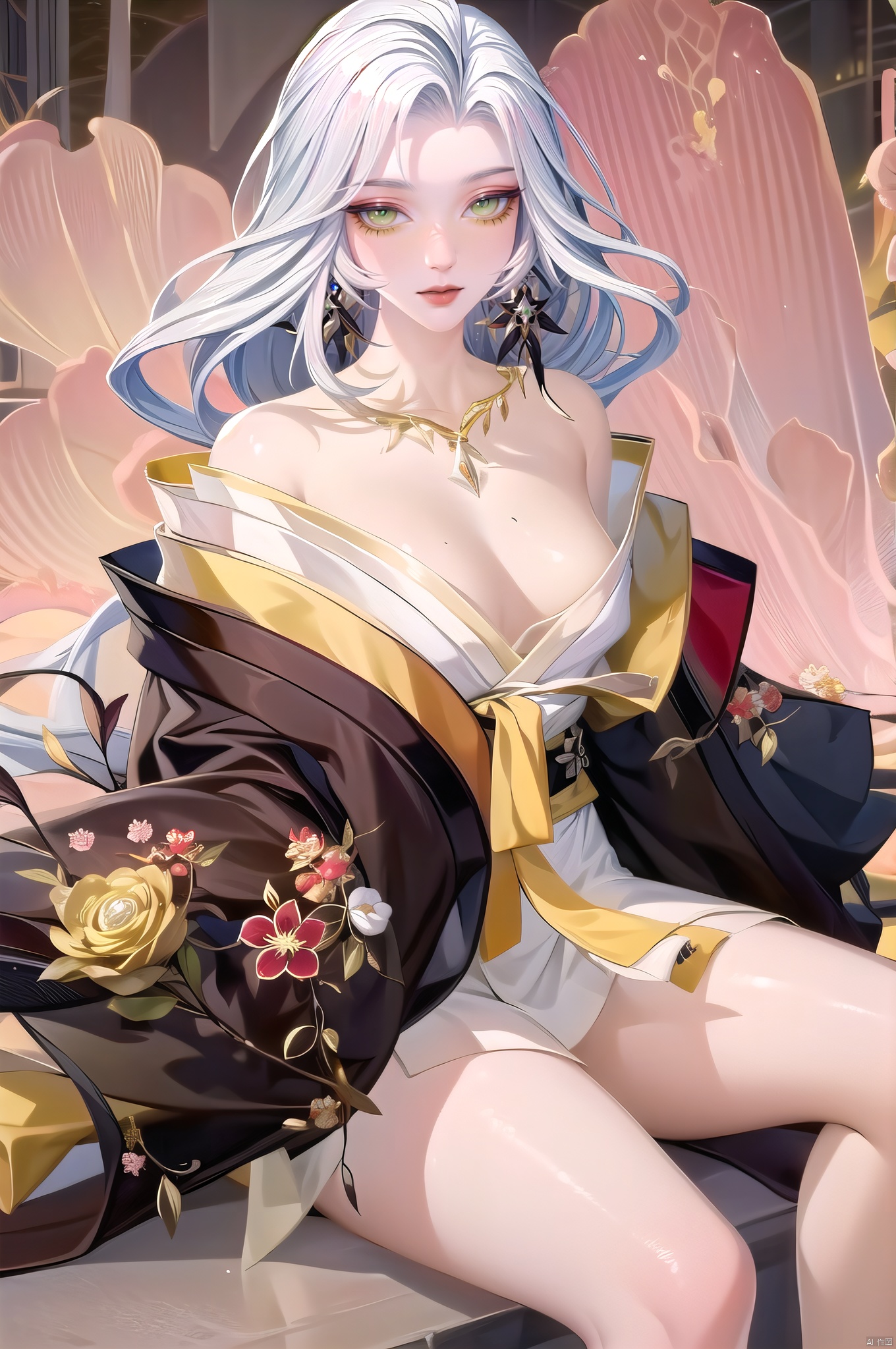 Xuenv, jewelry, long hair, earrings, white hair, solo, looking at viewer, green eyes, yellow eyes, collarbone, 1girl, expressionless, cowboy_shot,japanese clothes, wide sleeves,nice hands, (sitting:1.5),