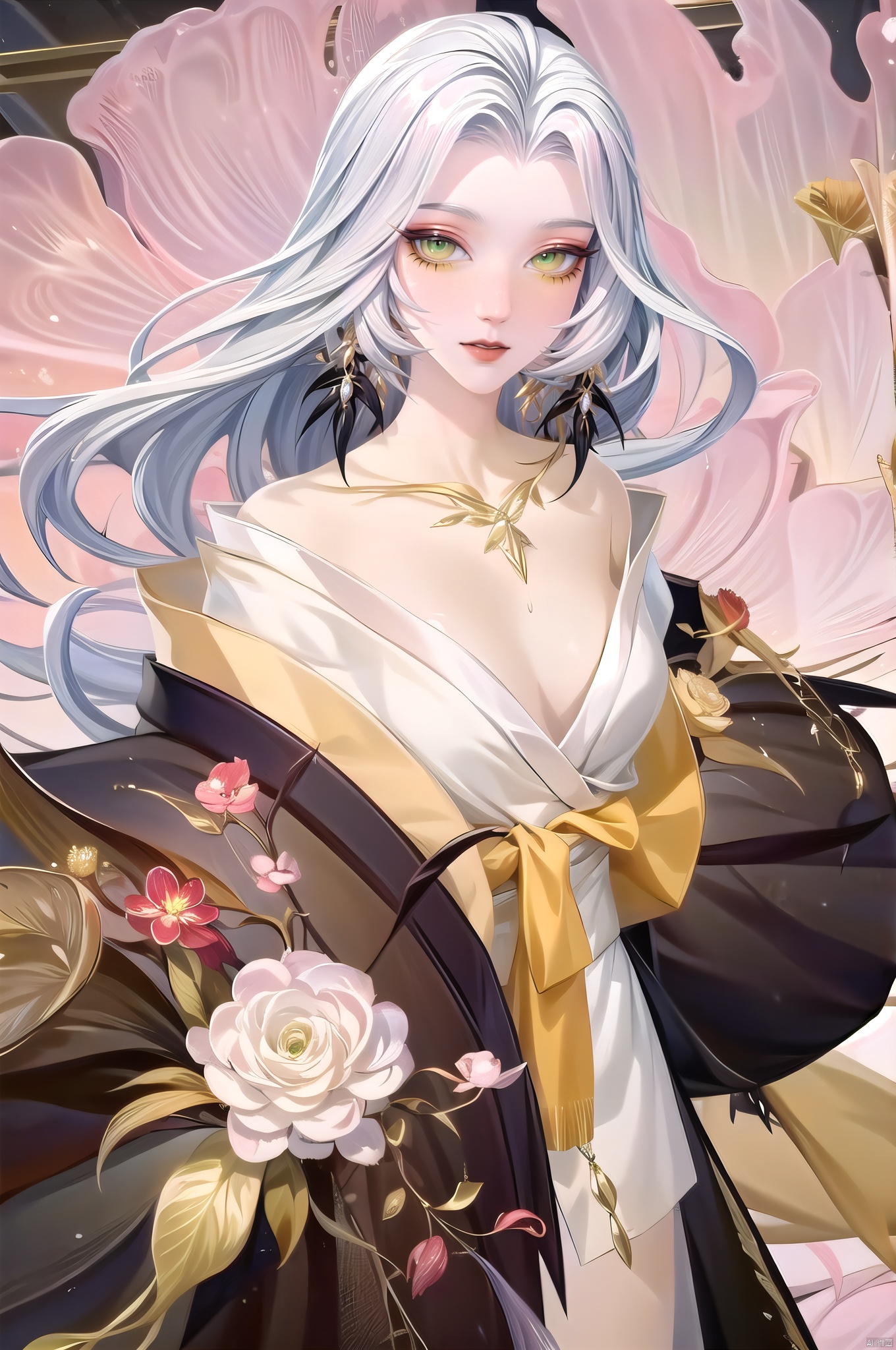 Xuenv, jewelry, long hair, earrings, white hair, solo, looking at viewer, green eyes, yellow eyes, collarbone, 1girl, expressionless, cowboy_shot,japanese clothes, wide sleeves,nice hands, Xuenv