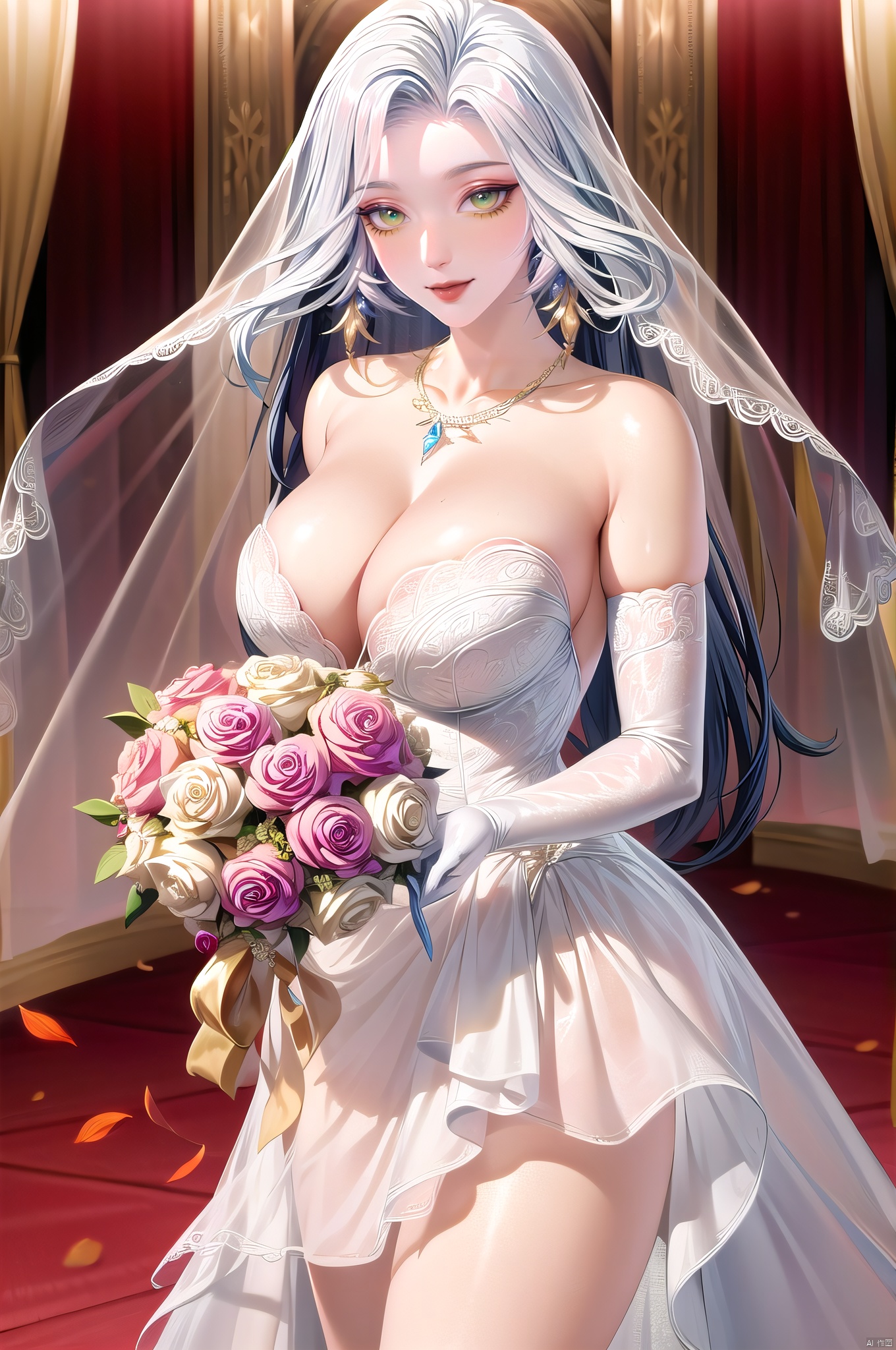 Xuenv, jewelry, long hair, earrings, white hair, solo, looking at viewer, green eyes, yellow eyes, collarbone, 1girl, smile, cowboy_shot,nice hands, dress, wedding dress, solo, long hair, rose, large breasts, cleavage, necklace, jewelry, blue flower, purple flower, blue rose, feathers, veil, purple rose, gloves, collarbone, bare shoulders, white dress, holding, elbow gloves, strapless, strapless dress, bridal veil, holding bouquet, pink rose, petals, bride, bird, flower field