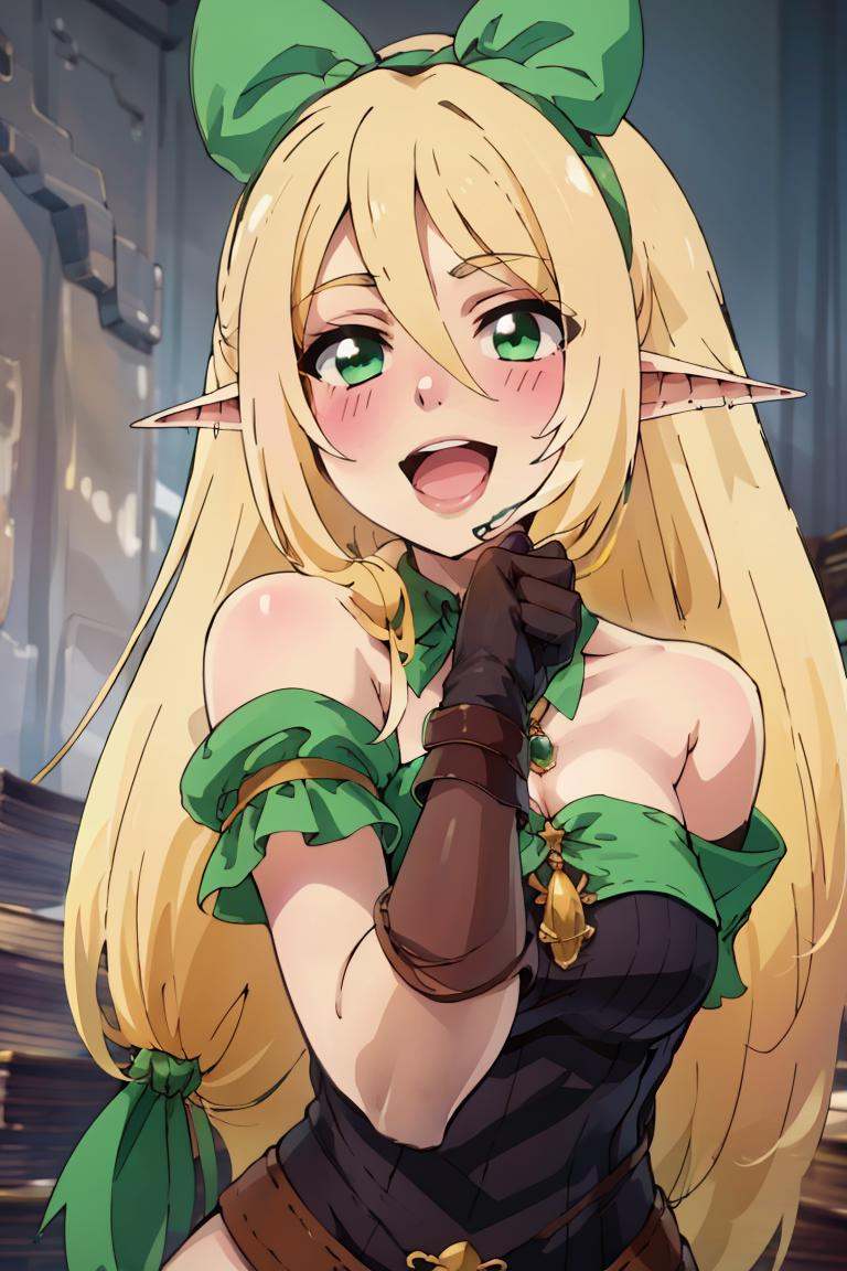 ((masterpiece,best quality)), absurdres,<lora:Isekai_Onsen_Paradise:0.8>,  1girl, solo, long hair, blush, open mouth, blonde hair, gloves, hair between eyes, green eyes, hairband, pointy ears, elf, green bow, bare shoulders, looking at viewer, smile, 