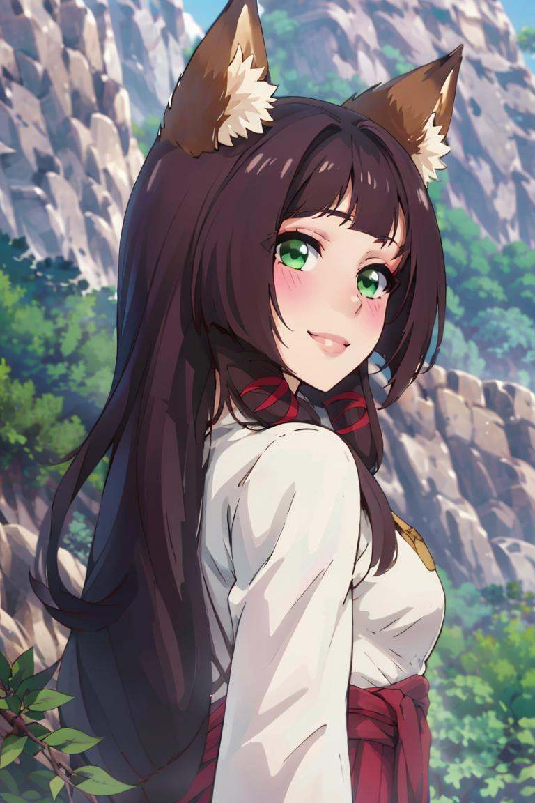 ((masterpiece,best quality)), absurdres,<lora:Isekai_Onsen_Paradise:0.8>,  1girl, solo, long hair, looking at viewer, blush, smile, brown hair, black hair, animal ears, closed mouth, green eyes, upper body, outdoors, day, blunt bangs, from side, animal ear fluff, fox ears,upper body, outdoors, 