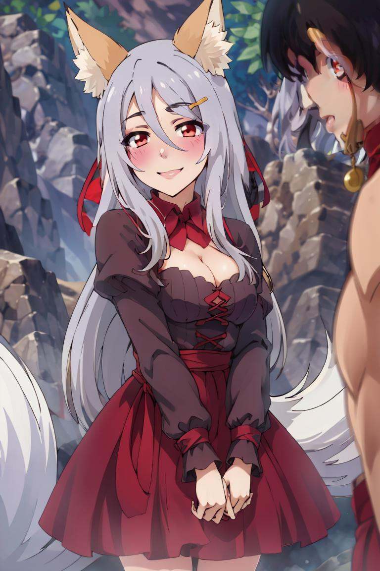((masterpiece,best quality)), absurdres,<lora:Isekai_Onsen_Paradise:0.8>,  1girl, long hair, blush, skirt, white hair, ribbon, animal ears, purple caplet, red eyes,  cleavage cutout, fox ears, purple dress, long sleeves, purple bow, animal ears, hair between eyes, grey hair, hairclip, looking at viewer, smile, 