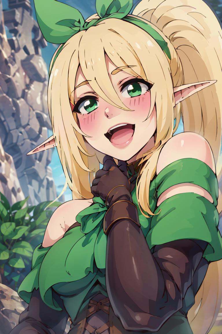 ((masterpiece,best quality)), absurdres,<lora:Isekai_Onsen_Paradise:0.8>,  1girl, solo, long hair, blush, open mouth, blonde hair, gloves, hair between eyes, green eyes, hairband, pointy ears, elf, green bow, bare shoulders, looking at viewer, smile, 