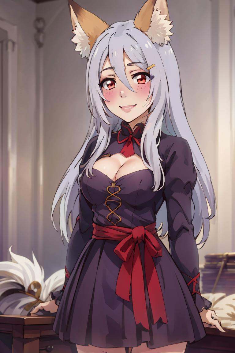 ((masterpiece,best quality)), absurdres,<lora:Isekai_Onsen_Paradise:0.8>,  1girl, long hair, blush, skirt, white hair, ribbon, animal ears, purple caplet, red eyes,  cleavage cutout, fox ears, purple dress, long sleeves, purple bow, animal ears, hair between eyes, grey hair, hairclip, looking at viewer, smile, 